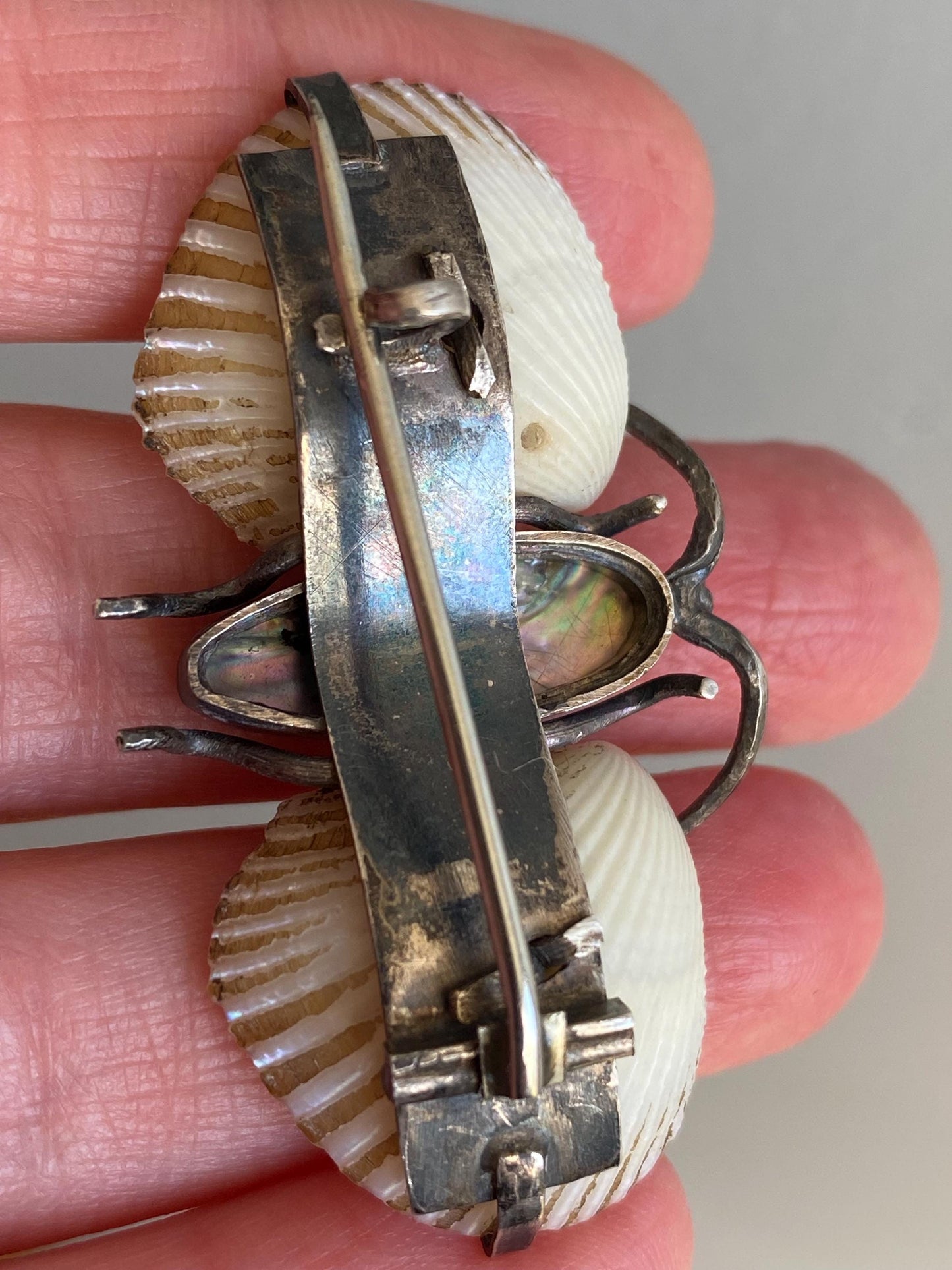 Antique Arts & Crafts Naturalistic Shell and Abalone Butterfly Pin in Silver, Rustic, Folk, Edwardian, Victorian, Art Deco, Pin, Insect, Bug
