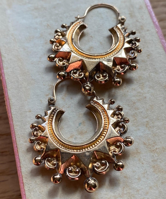 Vintage English Puffed Ornate Medium Sized Circular Creole Hoop Earrings c. 1970 in 9k Gold w/ Hallmarks, Huggie,  Estate, Hollow, Etruscan