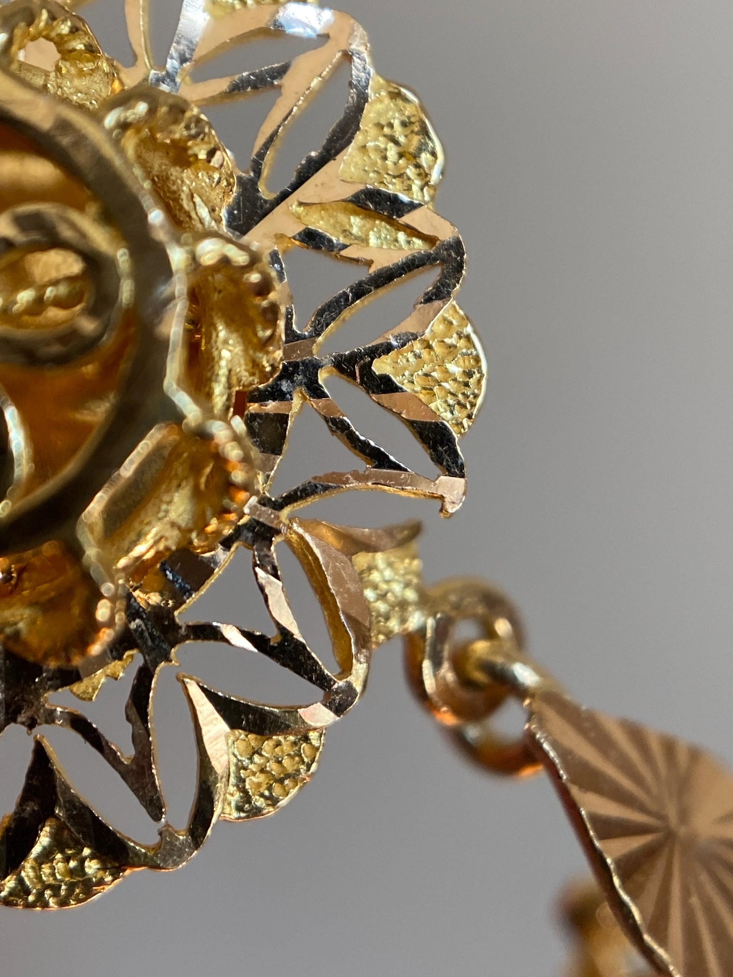 Vintage Turkish High Karat Pierced Circular Floral Lace Dangle Earrings in 22k Gold, Drop, Chandelier, Estate, Filigree, Ornate, Fringe