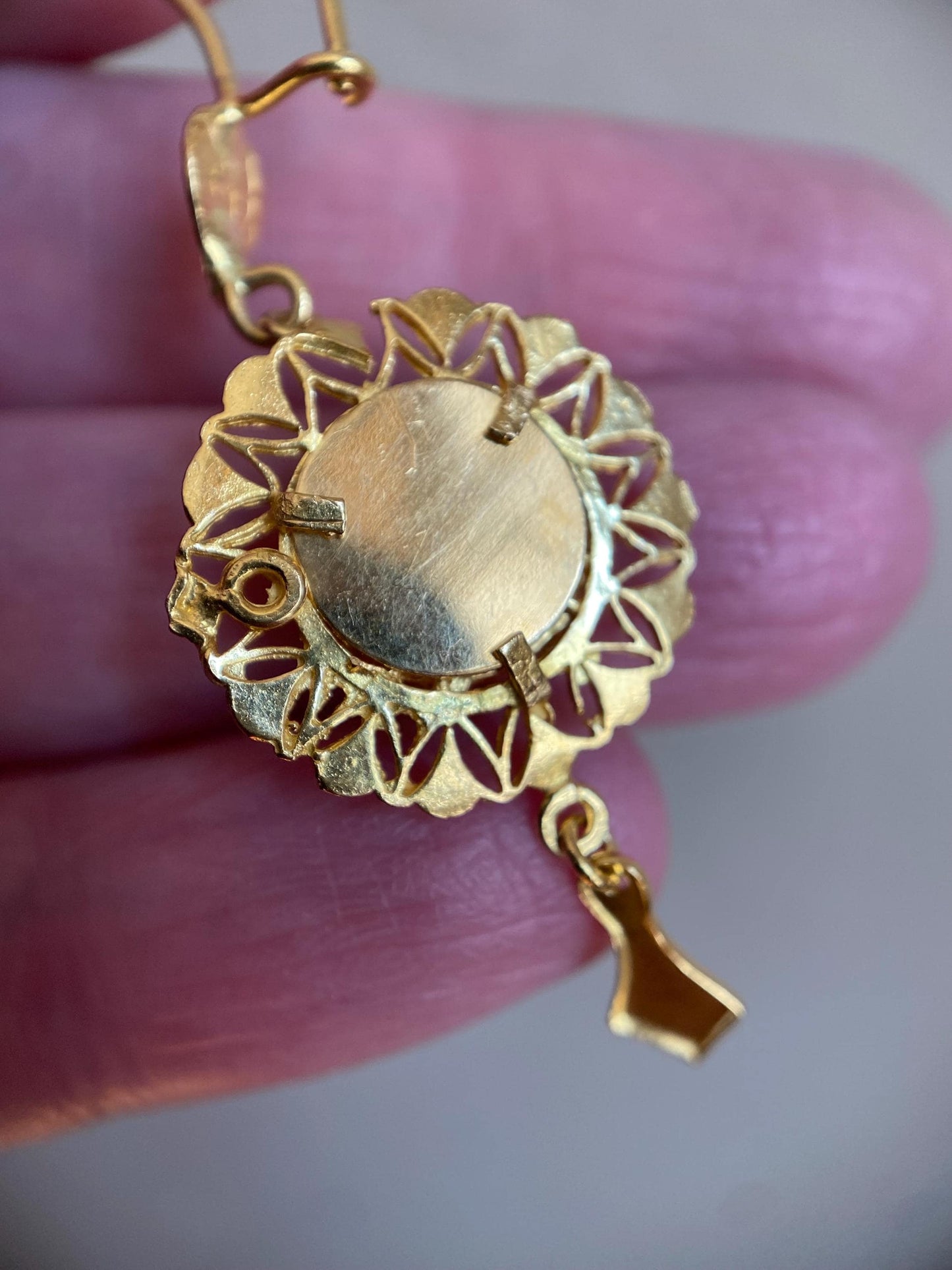 Vintage Turkish High Karat Pierced Circular Floral Lace Dangle Earrings in 22k Gold, Drop, Chandelier, Estate, Filigree, Ornate, Fringe