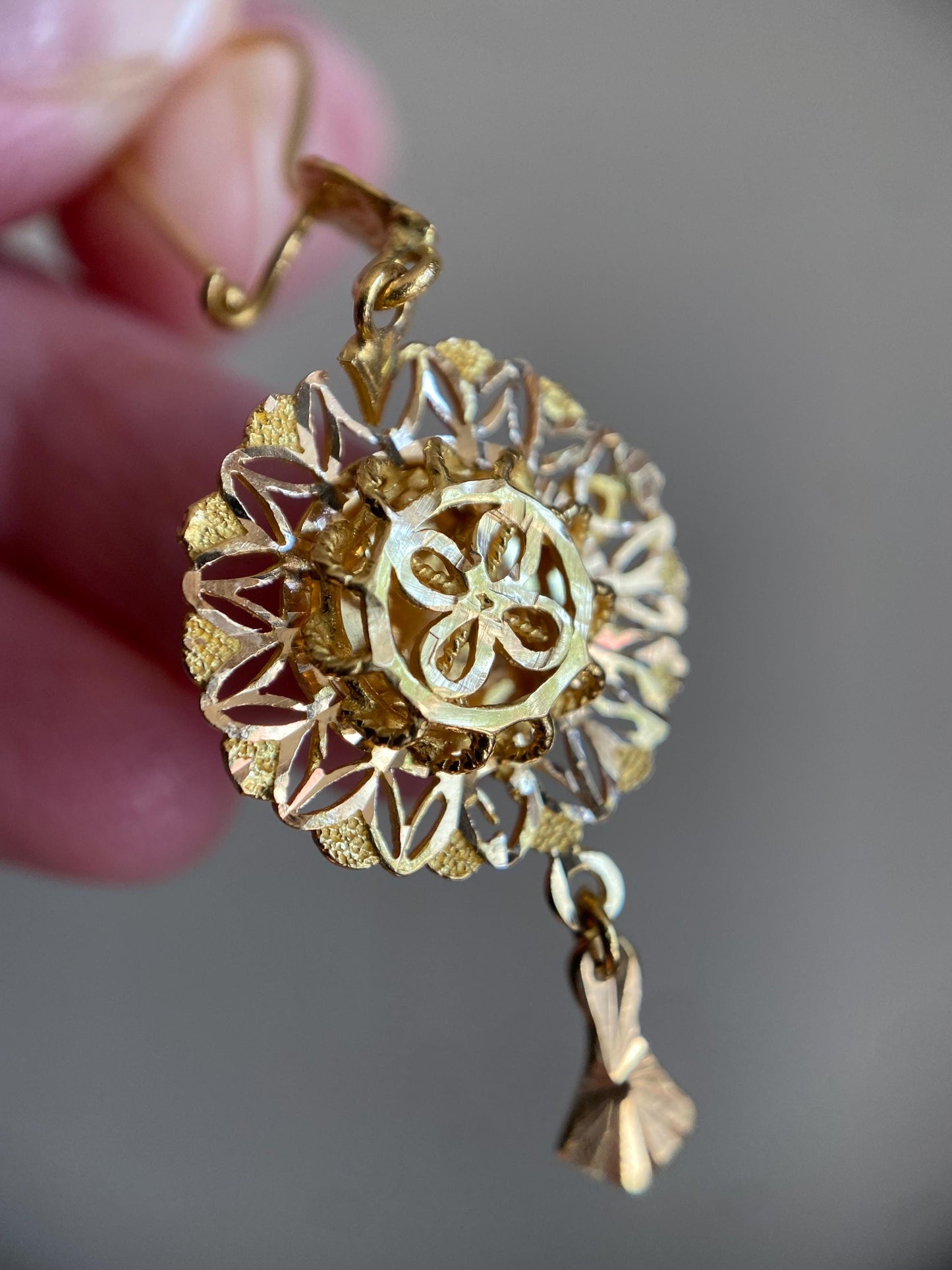 Vintage Turkish High Karat Pierced Circular Floral Lace Dangle Earrings in 22k Gold, Drop, Chandelier, Estate, Filigree, Ornate, Fringe