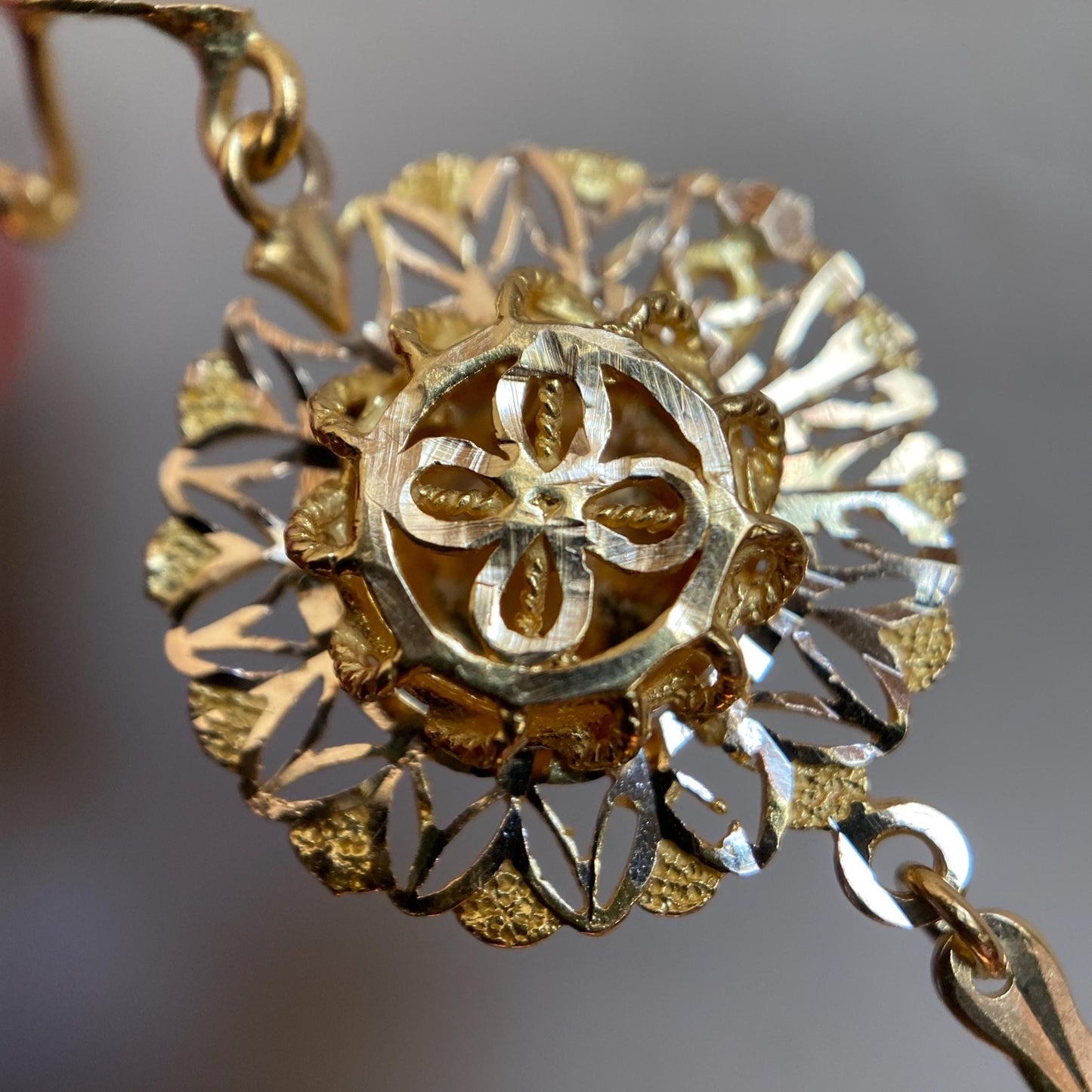 Vintage Turkish High Karat Pierced Circular Floral Lace Dangle Earrings in 22k Gold, Drop, Chandelier, Estate, Filigree, Ornate, Fringe