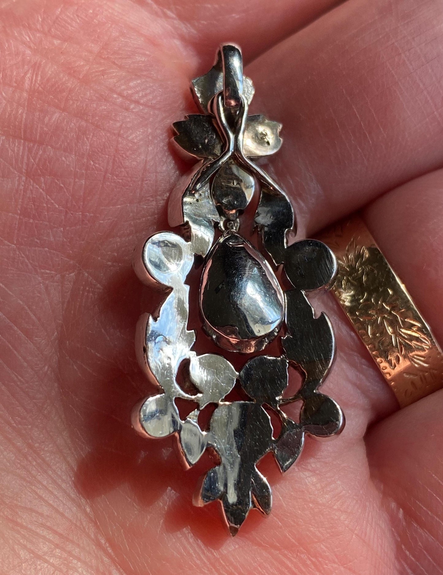 Antique Georgian 18th Century Rose Cut Diamond Articulated Long Chandelier Drop Pendant in Silver, Dangle, 1700s, Necklace, Collet Set