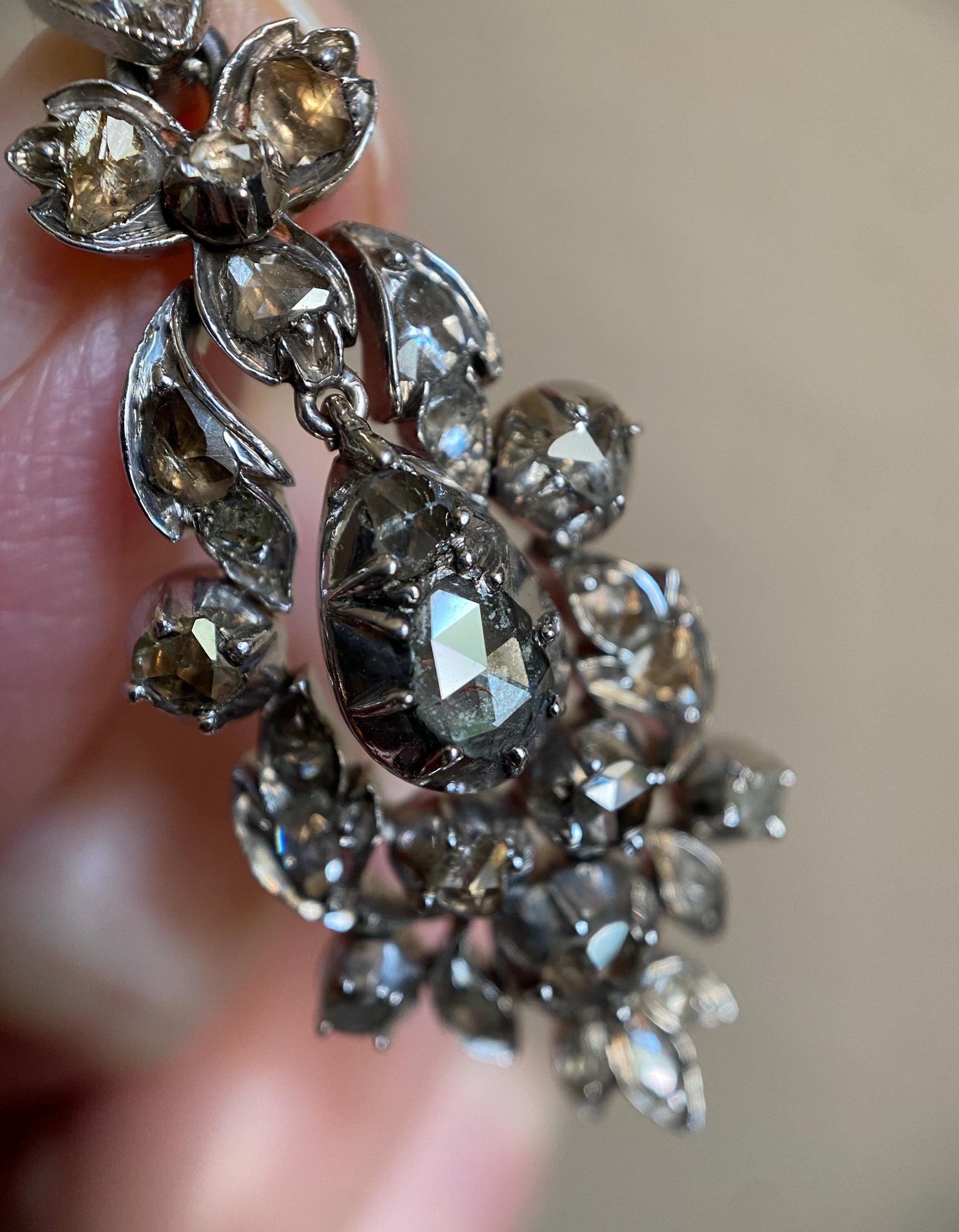 Antique Georgian 18th Century Rose Cut Diamond Articulated Long Chandelier Drop Pendant in Silver, Dangle, 1700s, Necklace, Collet Set