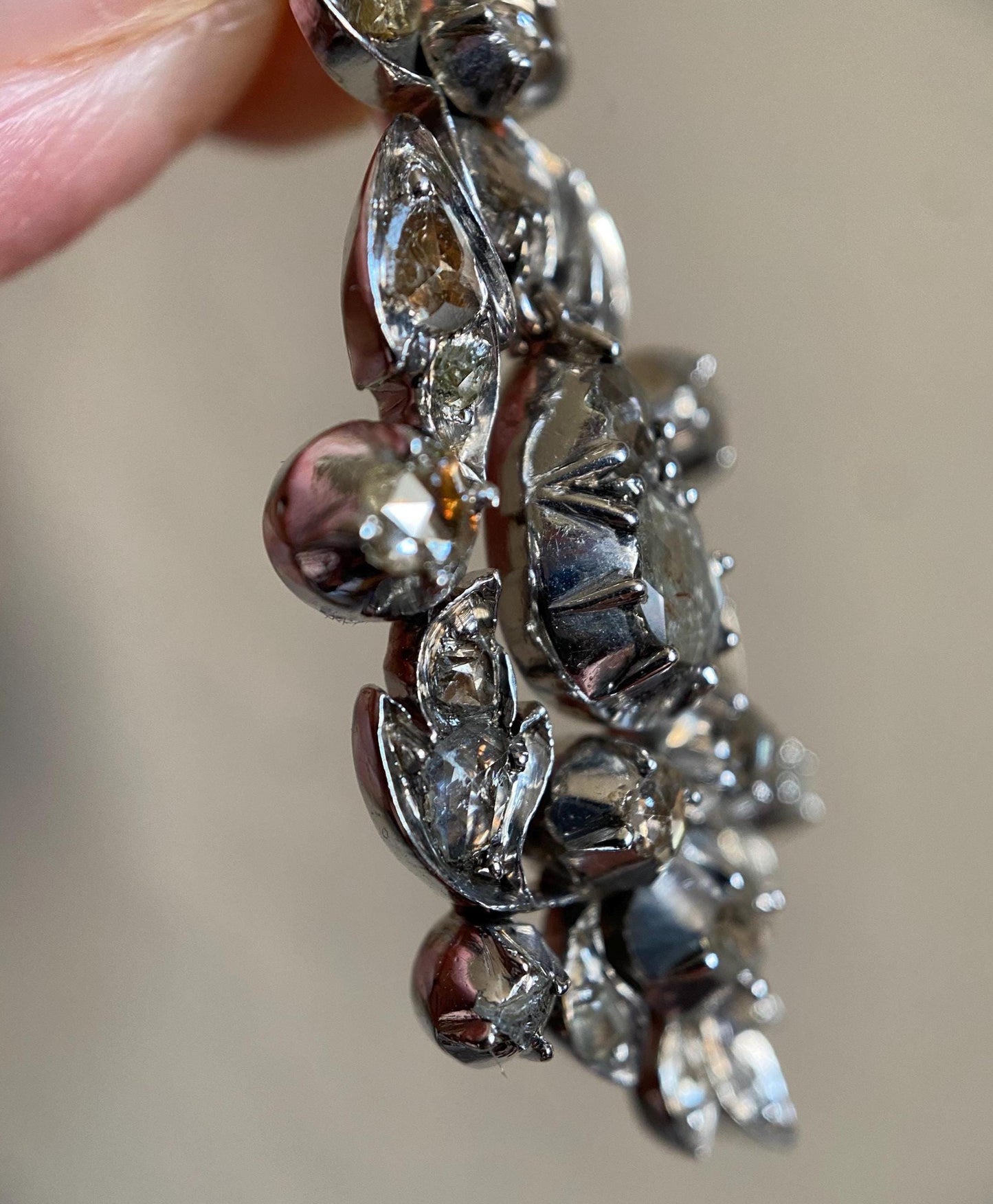 Antique Georgian 18th Century Rose Cut Diamond Articulated Long Chandelier Drop Pendant in Silver, Dangle, 1700s, Necklace, Collet Set