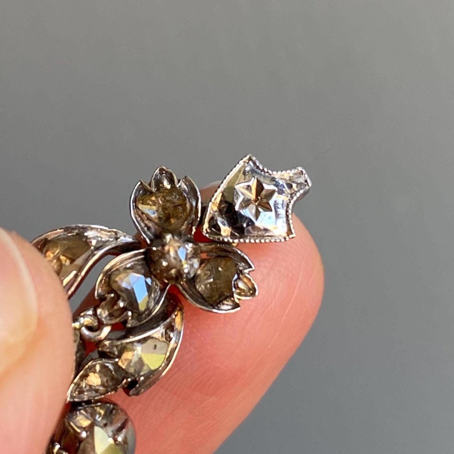 Antique Georgian 18th Century Rose Cut Diamond Articulated Long Chandelier Drop Pendant in Silver, Dangle, 1700s, Necklace, Collet Set