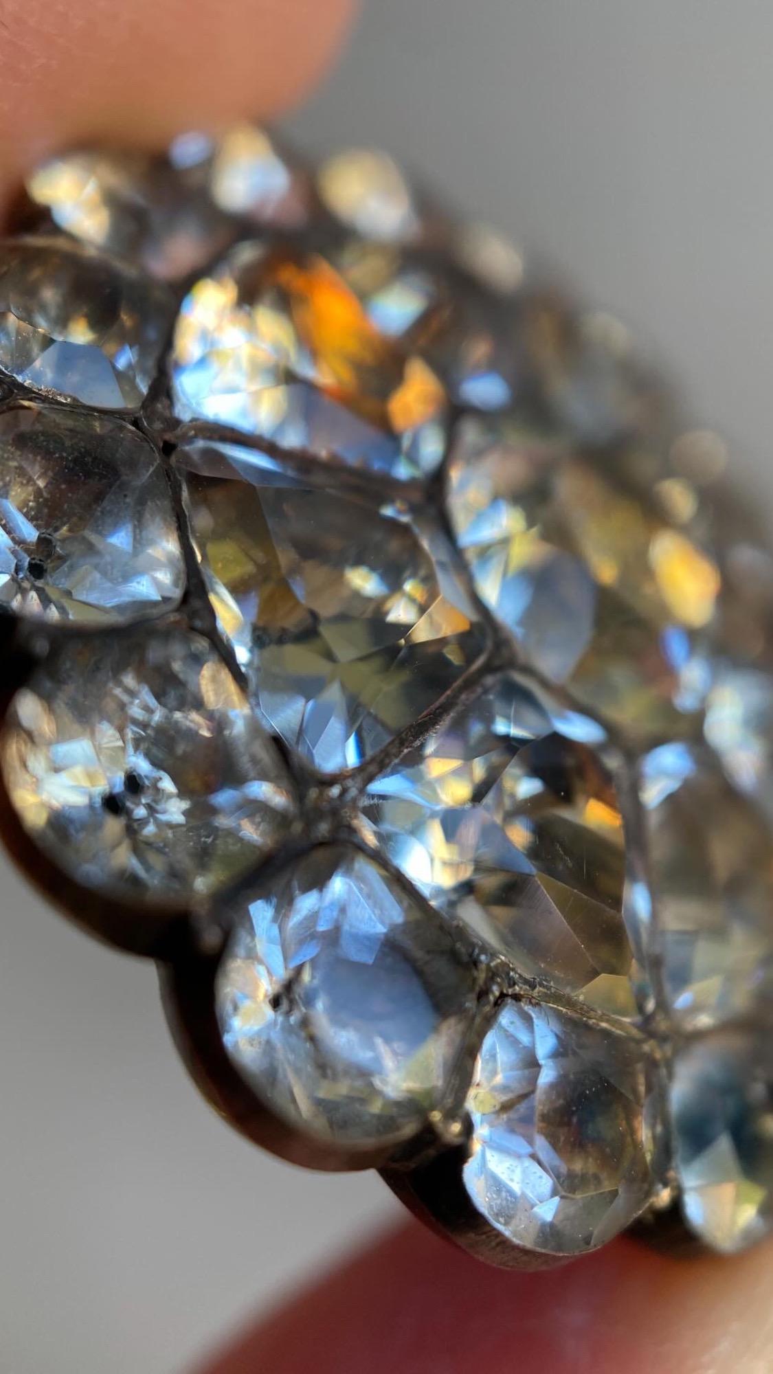 Antique Georgian Large Round Black-Dot Multi-Cut Diamond Paste Scalloped Medallion Pendant in Silver, Necklace, Charm, Foiled, 1800s, Button, Clear