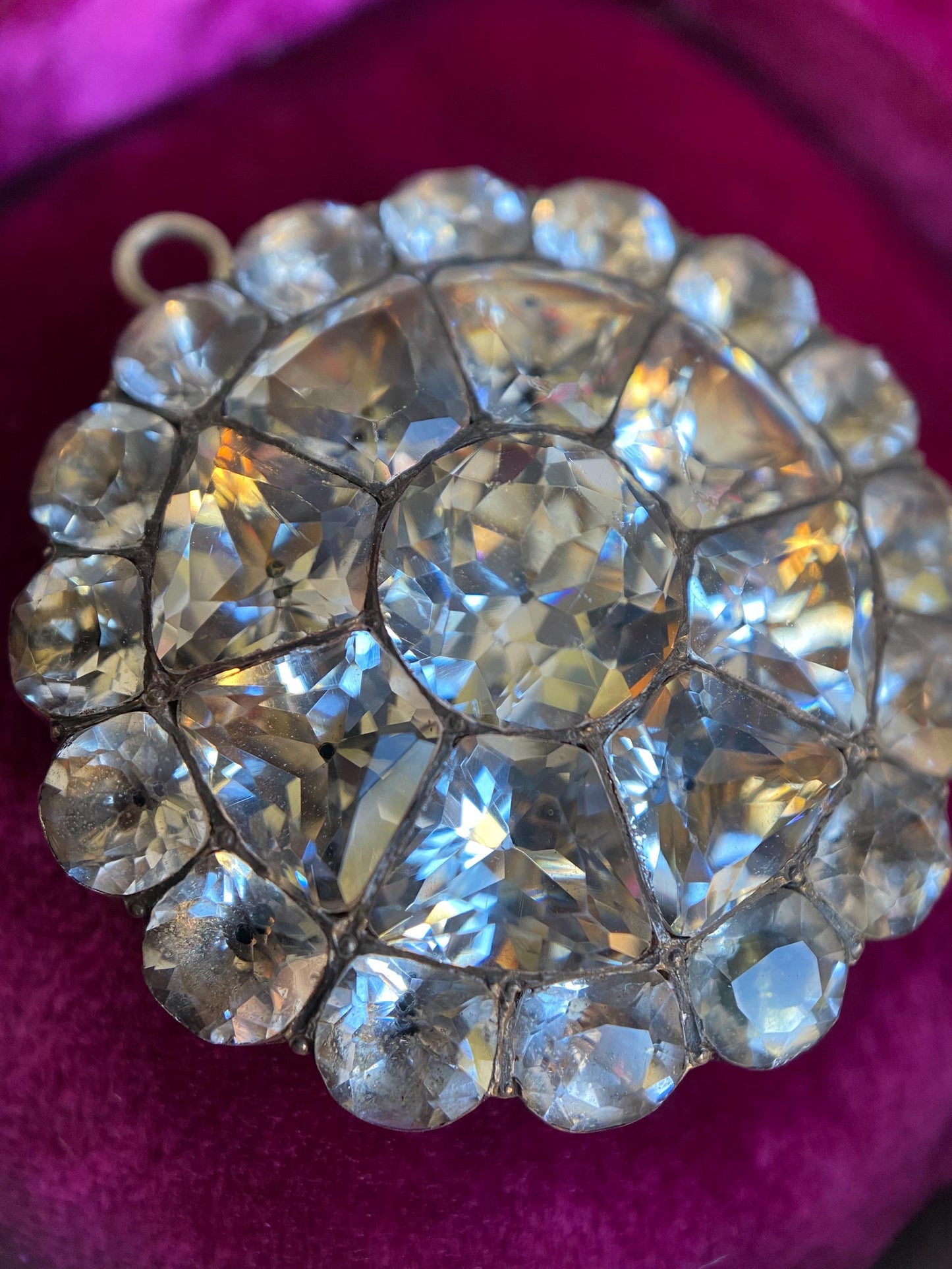 Antique Georgian Large Round Black-Dot Multi-Cut Diamond Paste Scalloped Medallion Pendant in Silver, Necklace, Charm, Foiled, 1800s, Button, Clear