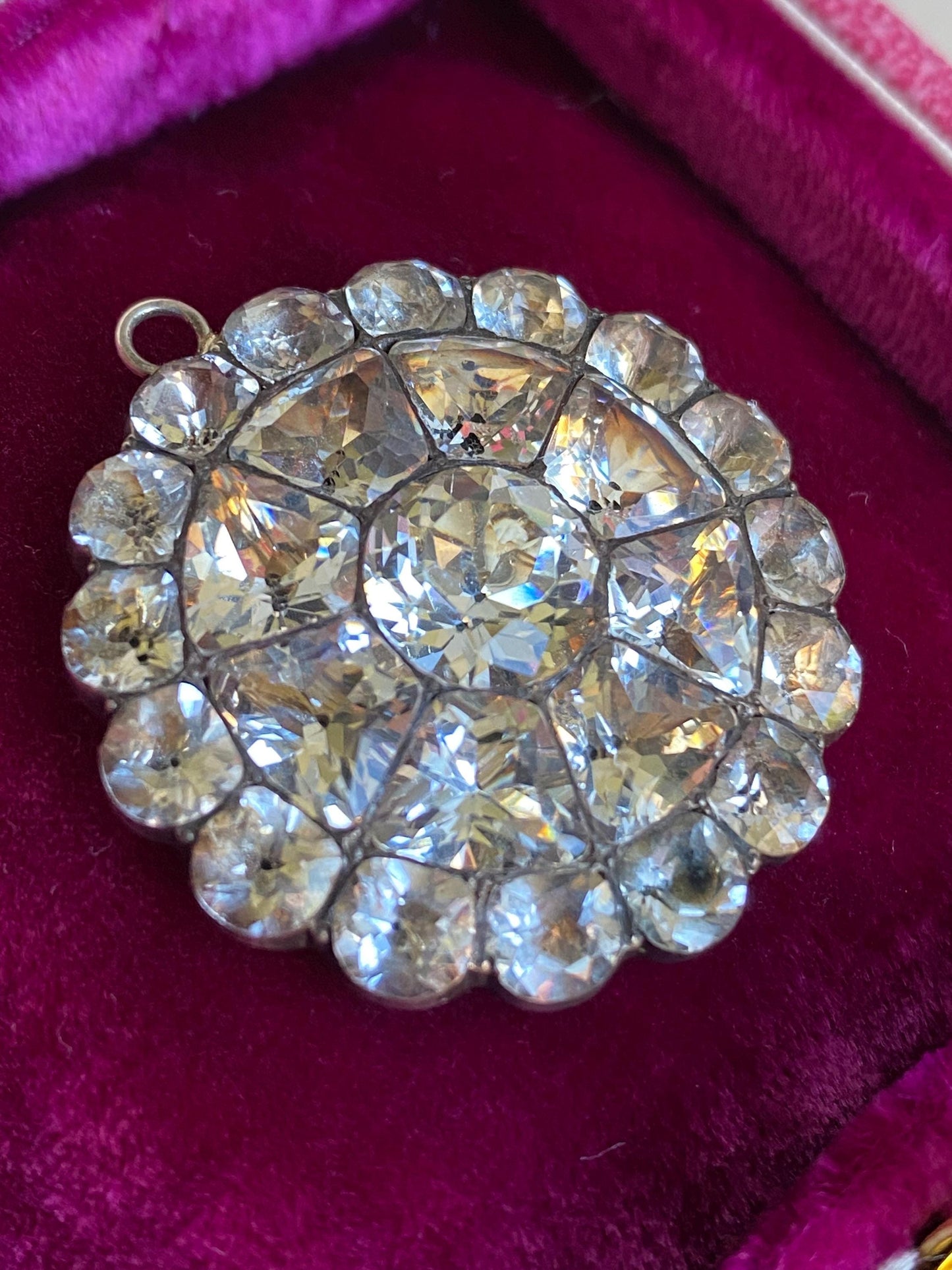 Antique Georgian Large Round Black-Dot Multi-Cut Diamond Paste Scalloped Medallion Pendant in Silver, Necklace, Charm, Foiled, 1800s, Button, Clear