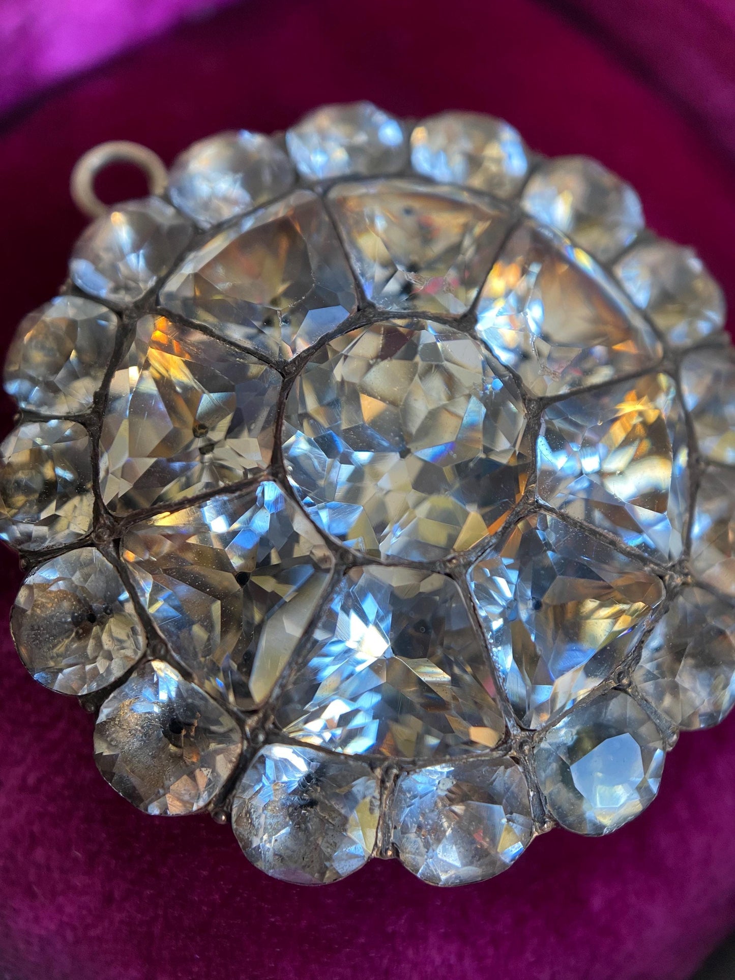 Antique Georgian Large Round Black-Dot Multi-Cut Diamond Paste Scalloped Medallion Pendant in Silver, Necklace, Charm, Foiled, 1800s, Button, Clear