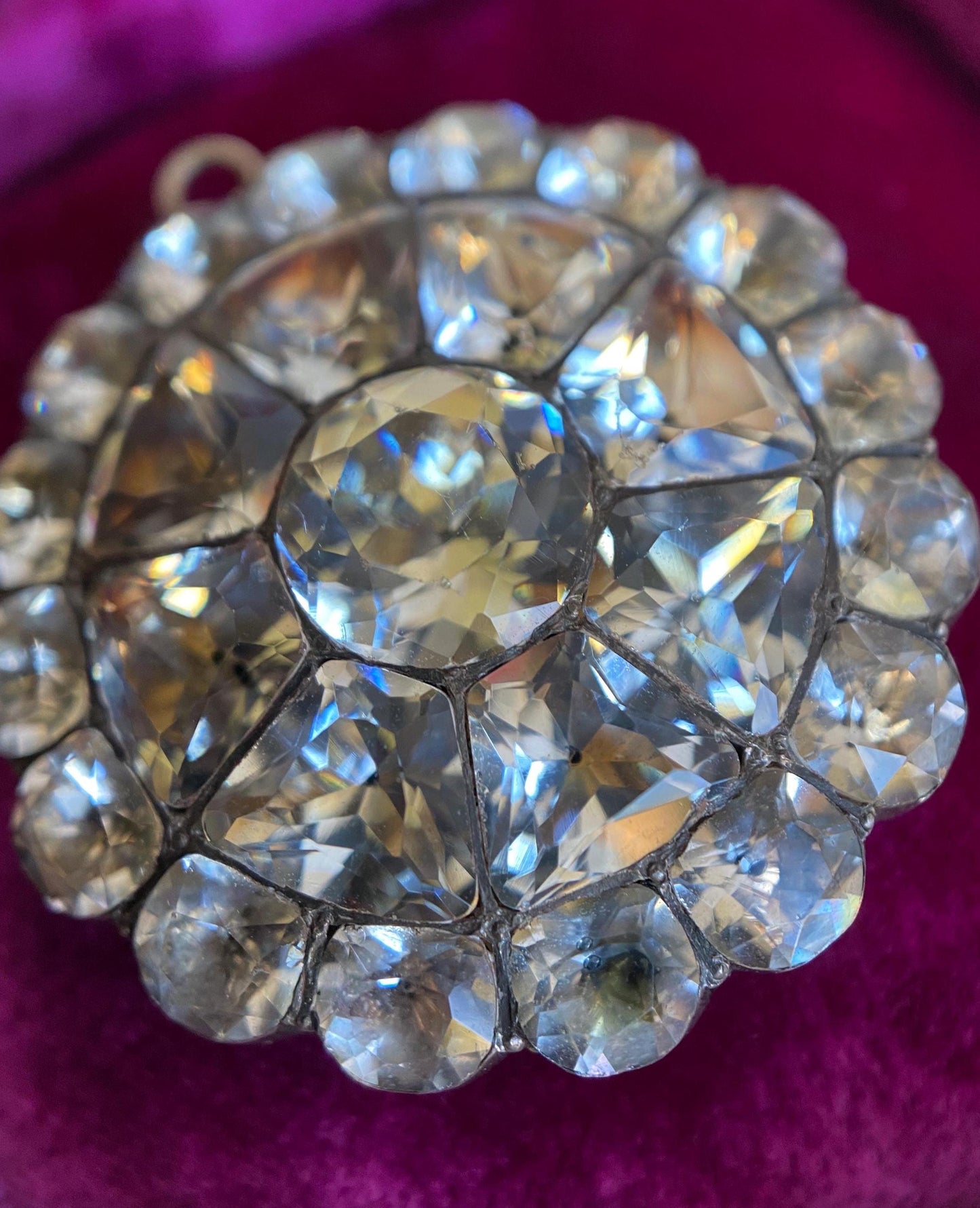 Antique Georgian Large Round Black-Dot Multi-Cut Diamond Paste Scalloped Medallion Pendant in Silver, Necklace, Charm, Foiled, 1800s, Button, Clear