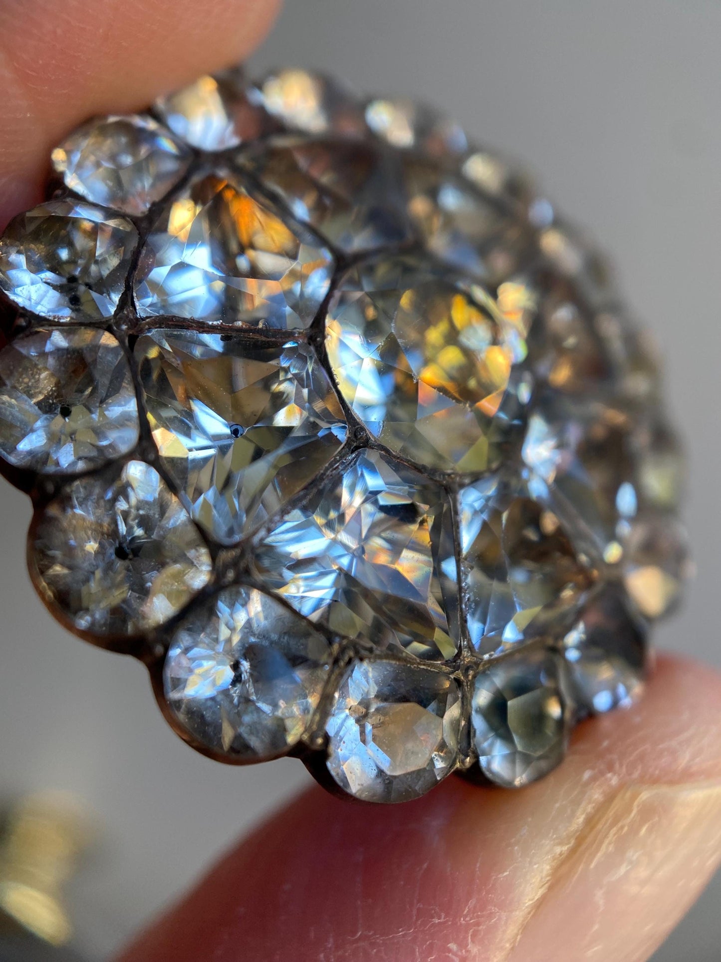 Antique Georgian Large Round Black-Dot Multi-Cut Diamond Paste Scalloped Medallion Pendant in Silver, Necklace, Charm, Foiled, 1800s, Button, Clear