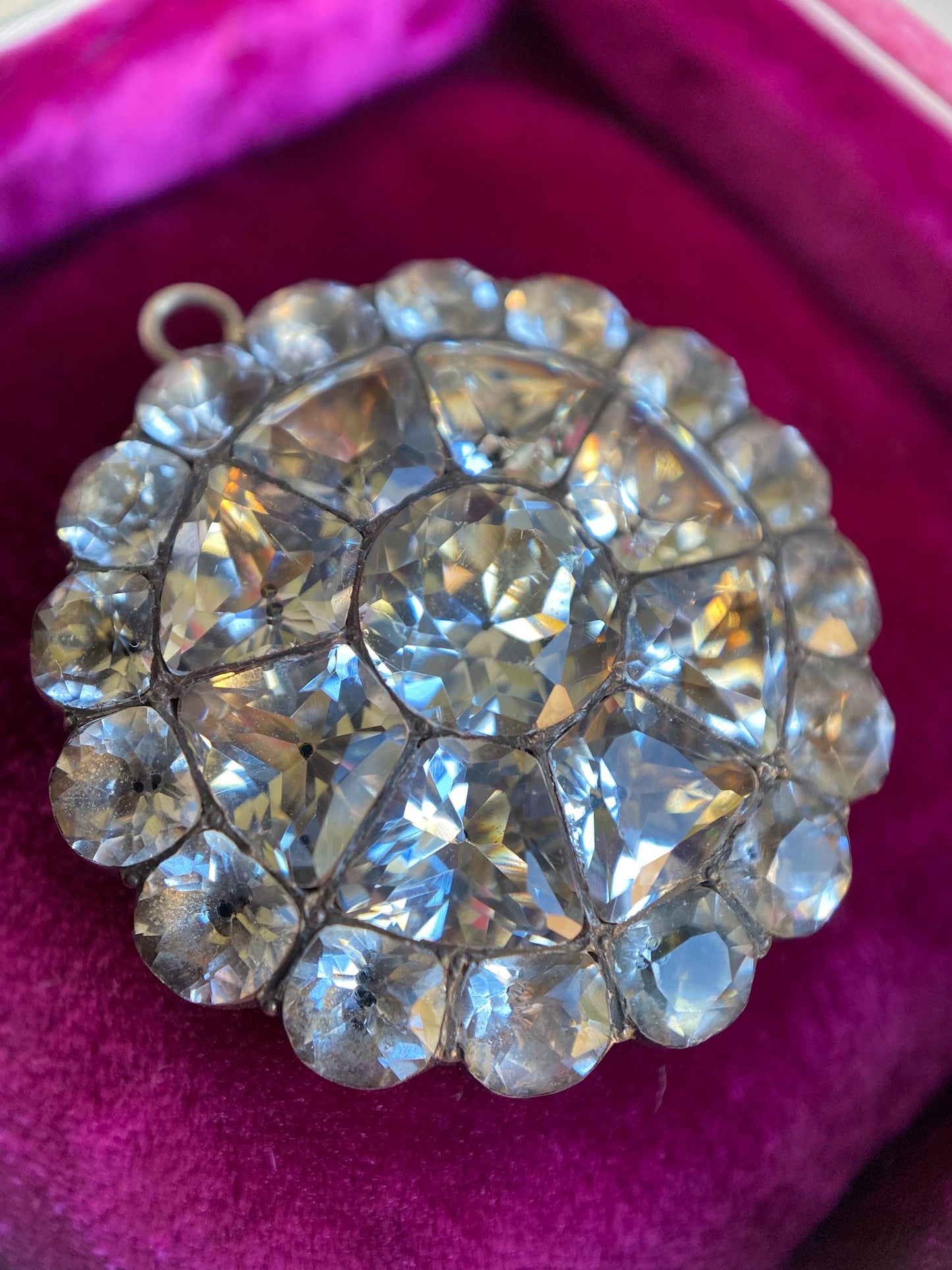 Antique Georgian Large Round Black-Dot Multi-Cut Diamond Paste Scalloped Medallion Pendant in Silver, Necklace, Charm, Foiled, 1800s, Button, Clear