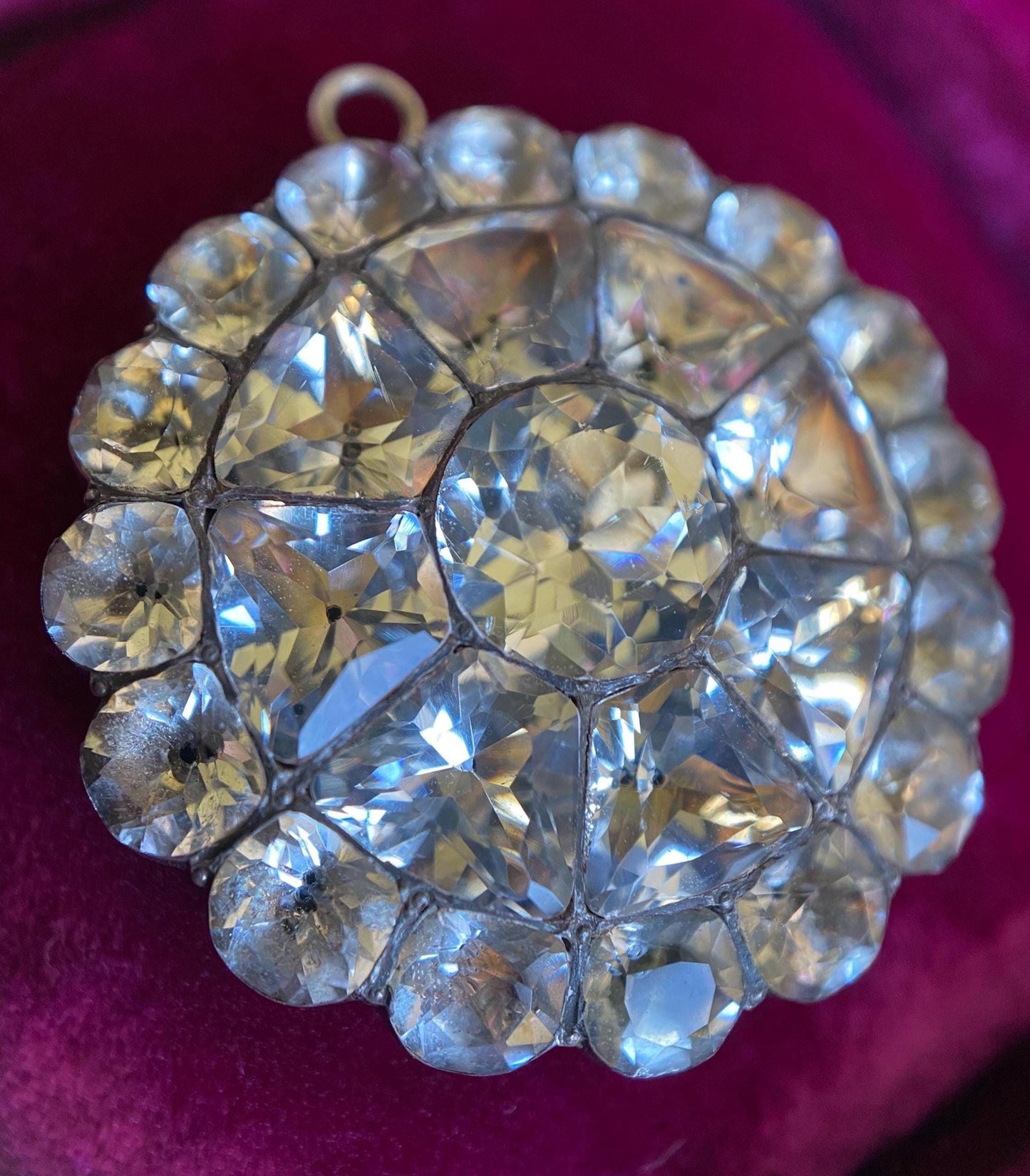 Antique Georgian Large Round Black-Dot Multi-Cut Diamond Paste Scalloped Medallion Pendant in Silver, Necklace, Charm, Foiled, 1800s, Button, Clear