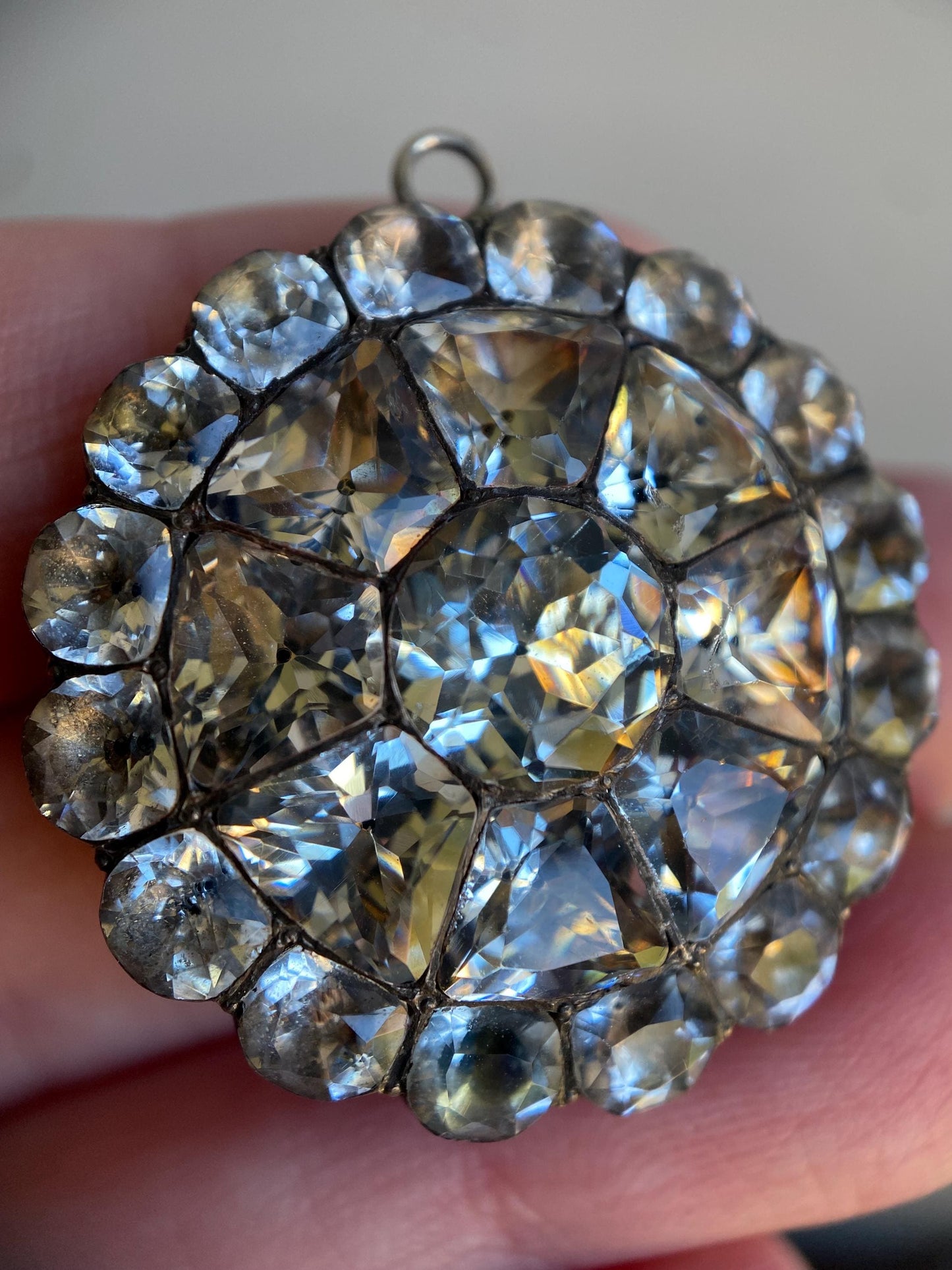 Antique Georgian Large Round Black-Dot Multi-Cut Diamond Paste Scalloped Medallion Pendant in Silver, Necklace, Charm, Foiled, 1800s, Button, Clear