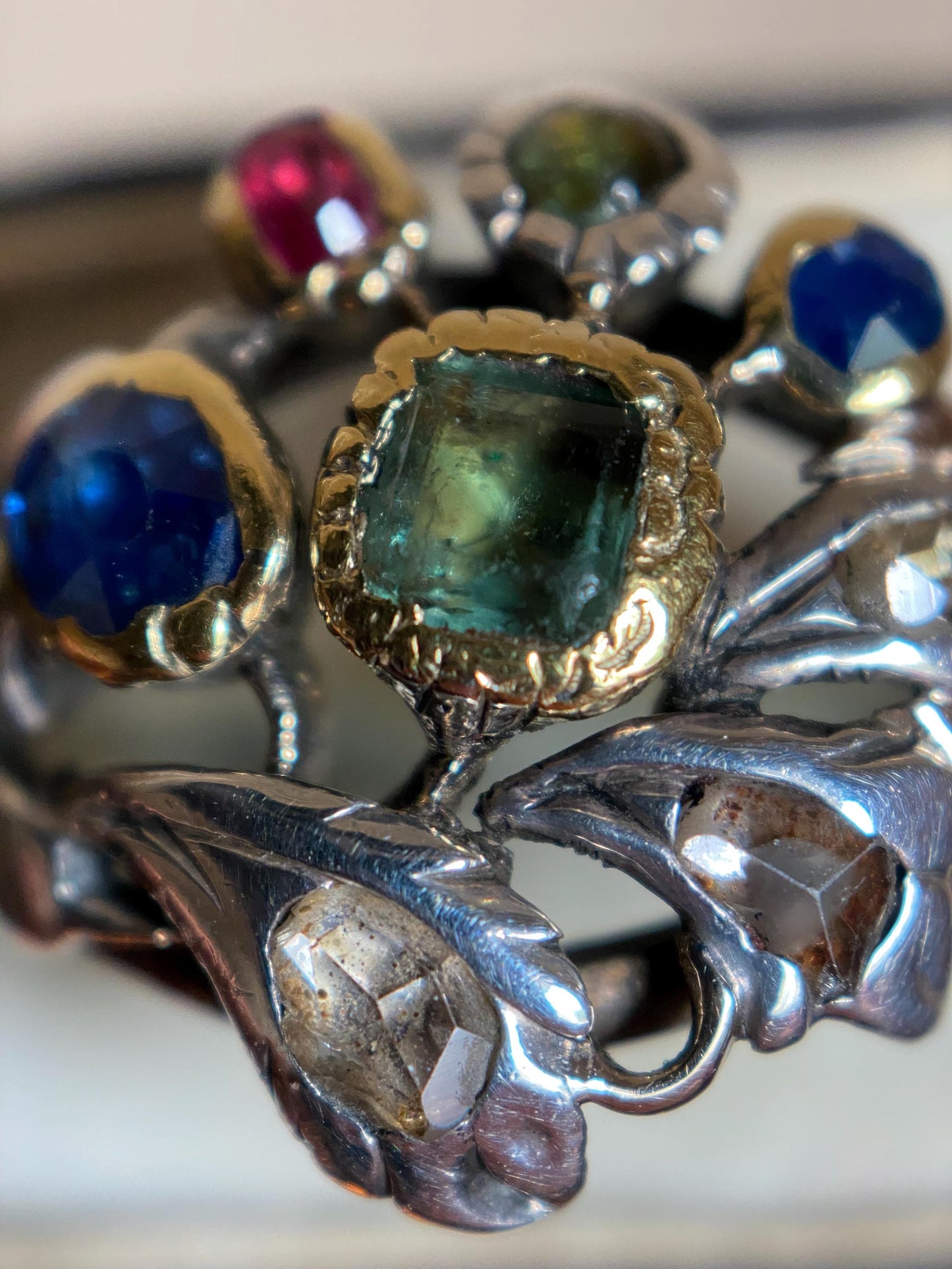 Antique Georgian Multi Gemstone Giardinetti Flower Garden Ring with Emeralds, Sapphires, Spinel and Diamonds in 9k Gold and Silver c. 1760, Italian, 18th Century