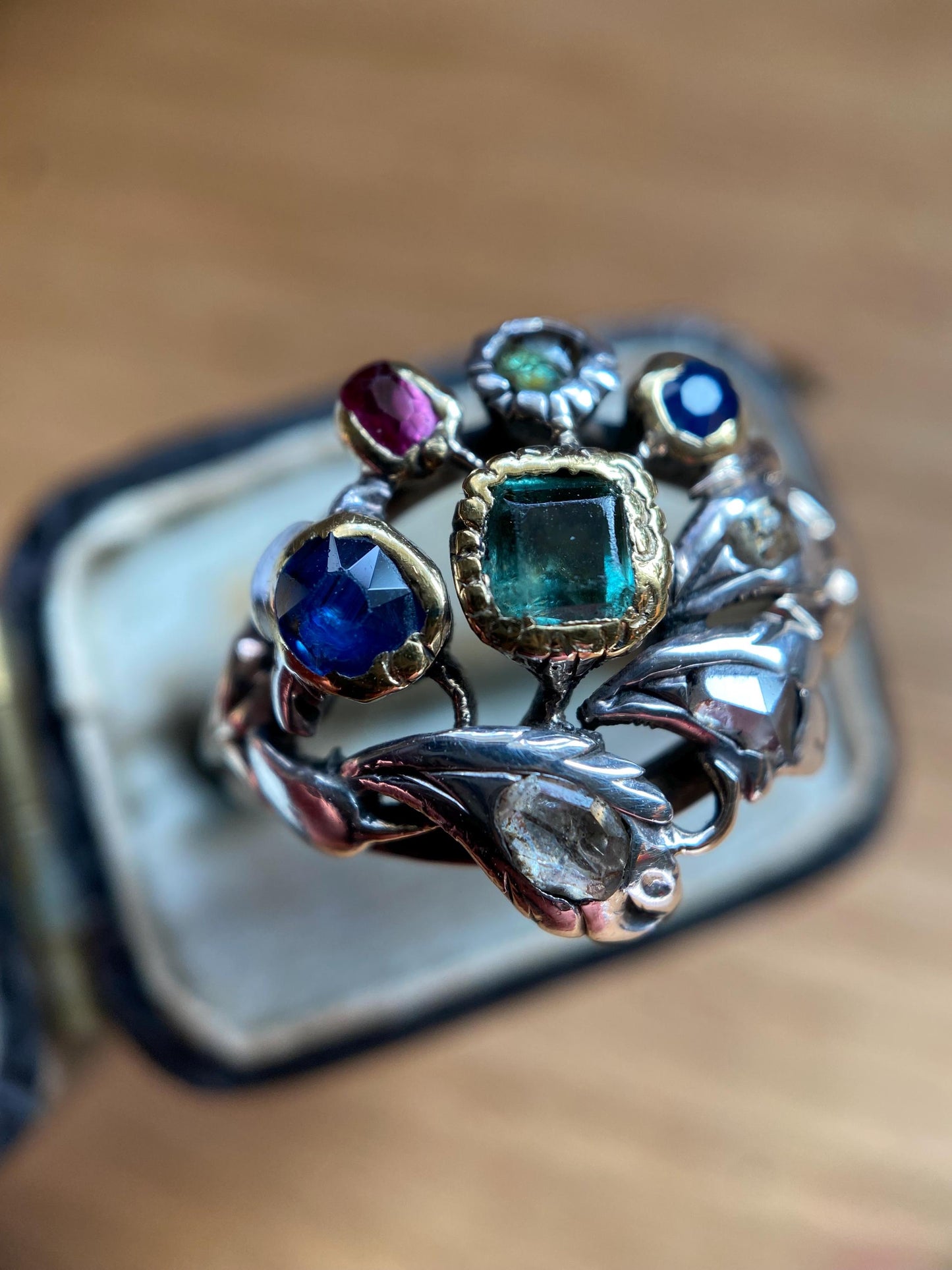 Antique Georgian Multi Gemstone Giardinetti Flower Garden Ring with Emeralds, Sapphires, Spinel and Diamonds in 9k Gold and Silver c. 1760, Italian, 18th Century