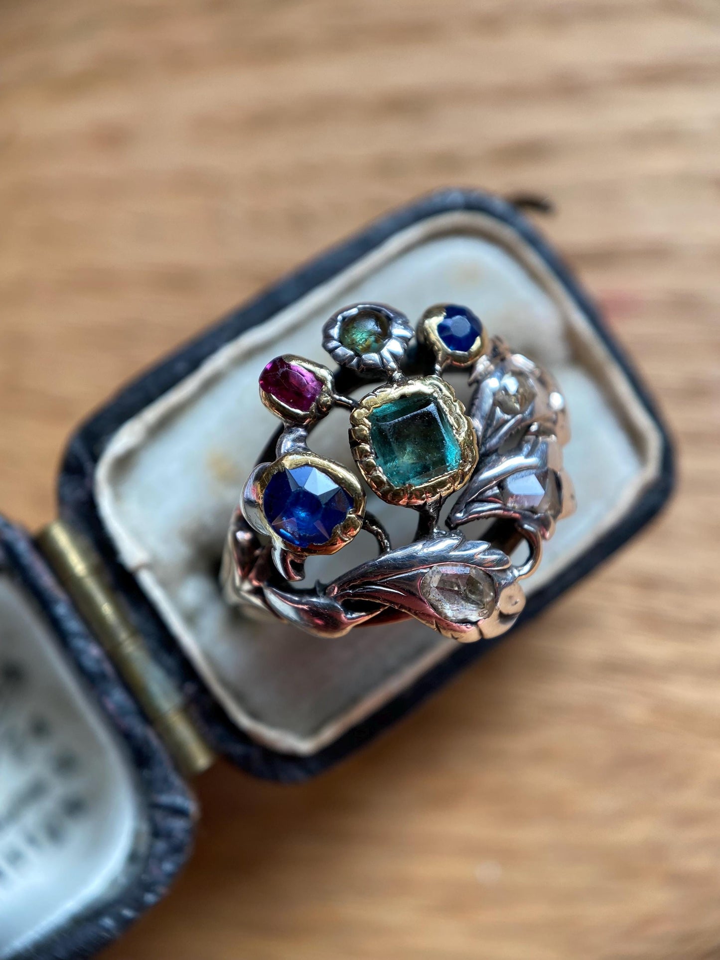 Antique Georgian Multi Gemstone Giardinetti Flower Garden Ring with Emeralds, Sapphires, Spinel and Diamonds in 9k Gold and Silver c. 1760, Italian, 18th Century