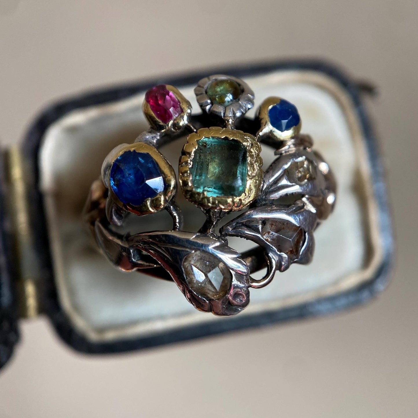 Antique Georgian Multi Gemstone Giardinetti Flower Garden Ring with Emeralds, Sapphires, Spinel and Diamonds in 9k Gold and Silver c. 1760, Italian, 18th Century