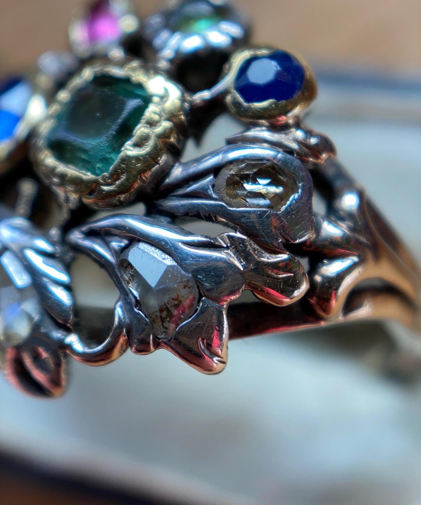 Antique Georgian Multi Gemstone Giardinetti Flower Garden Ring with Emeralds, Sapphires, Spinel and Diamonds in 9k Gold and Silver c. 1760, Italian, 18th Century