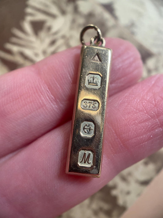 Vintage English Petite Rectangular Solid 9k Gold Ingot Pendant Hallmarked for Birmingham c. 1986, 1980's, Charm, Necklace, Bracelet, Yellow