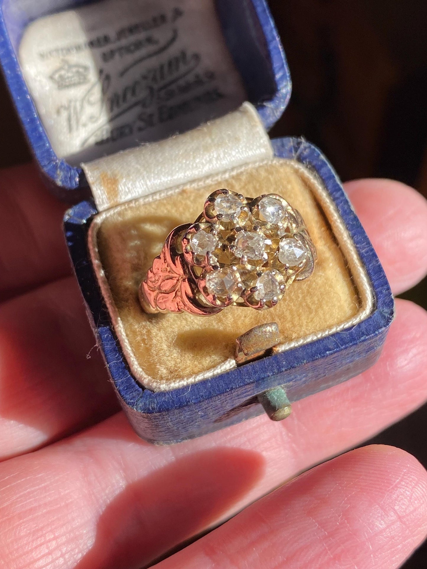 Antique Early Victorian Old Cut Diamond Seven Stone Daisy Ring with Wide Ornate Curling Shoulders 10k Gold c. 1850, Flower, Pansy, Georgian