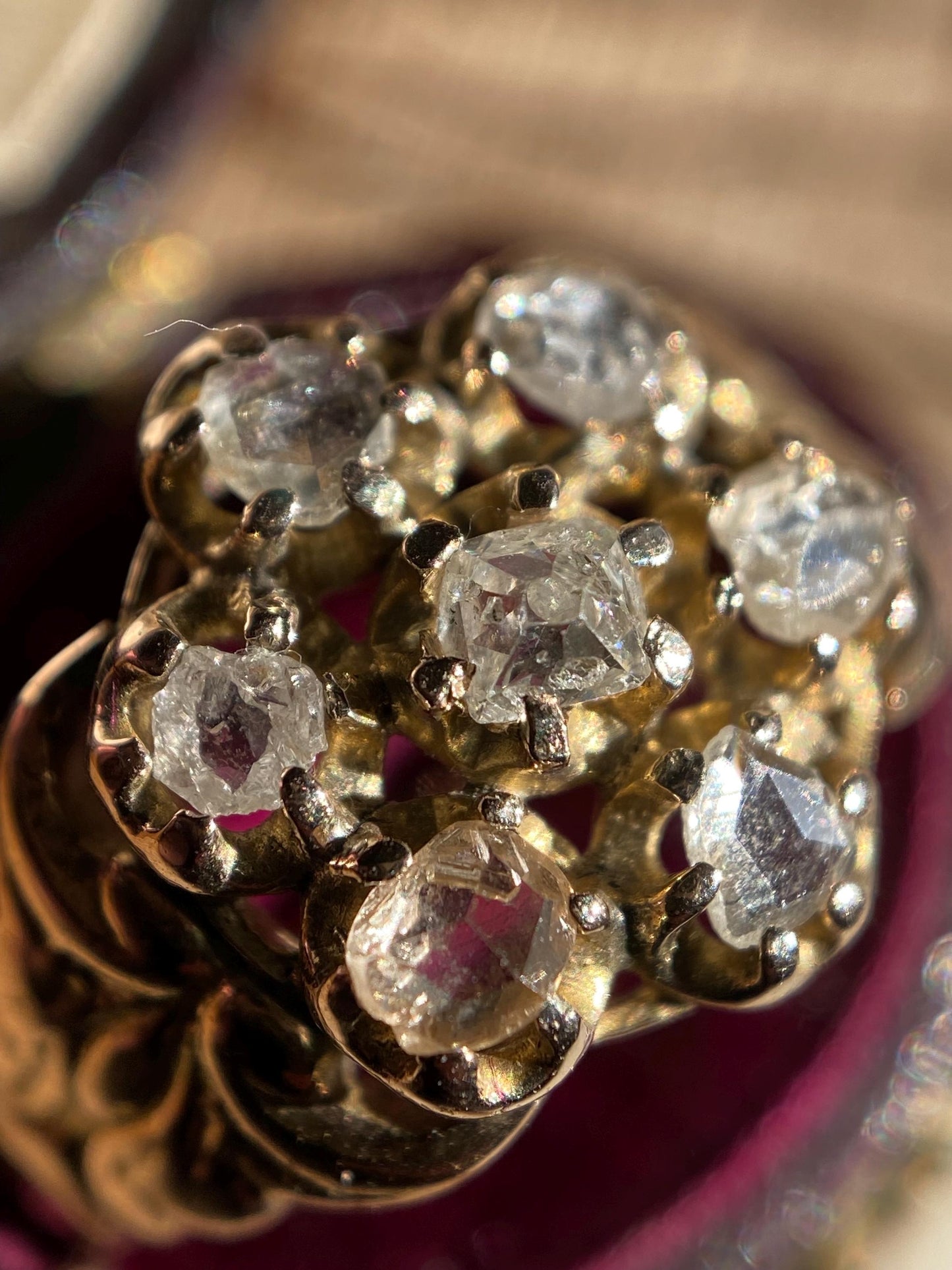 Antique Early Victorian Old Cut Diamond Seven Stone Daisy Ring with Wide Ornate Curling Shoulders 10k Gold c. 1850, Flower, Pansy, Georgian