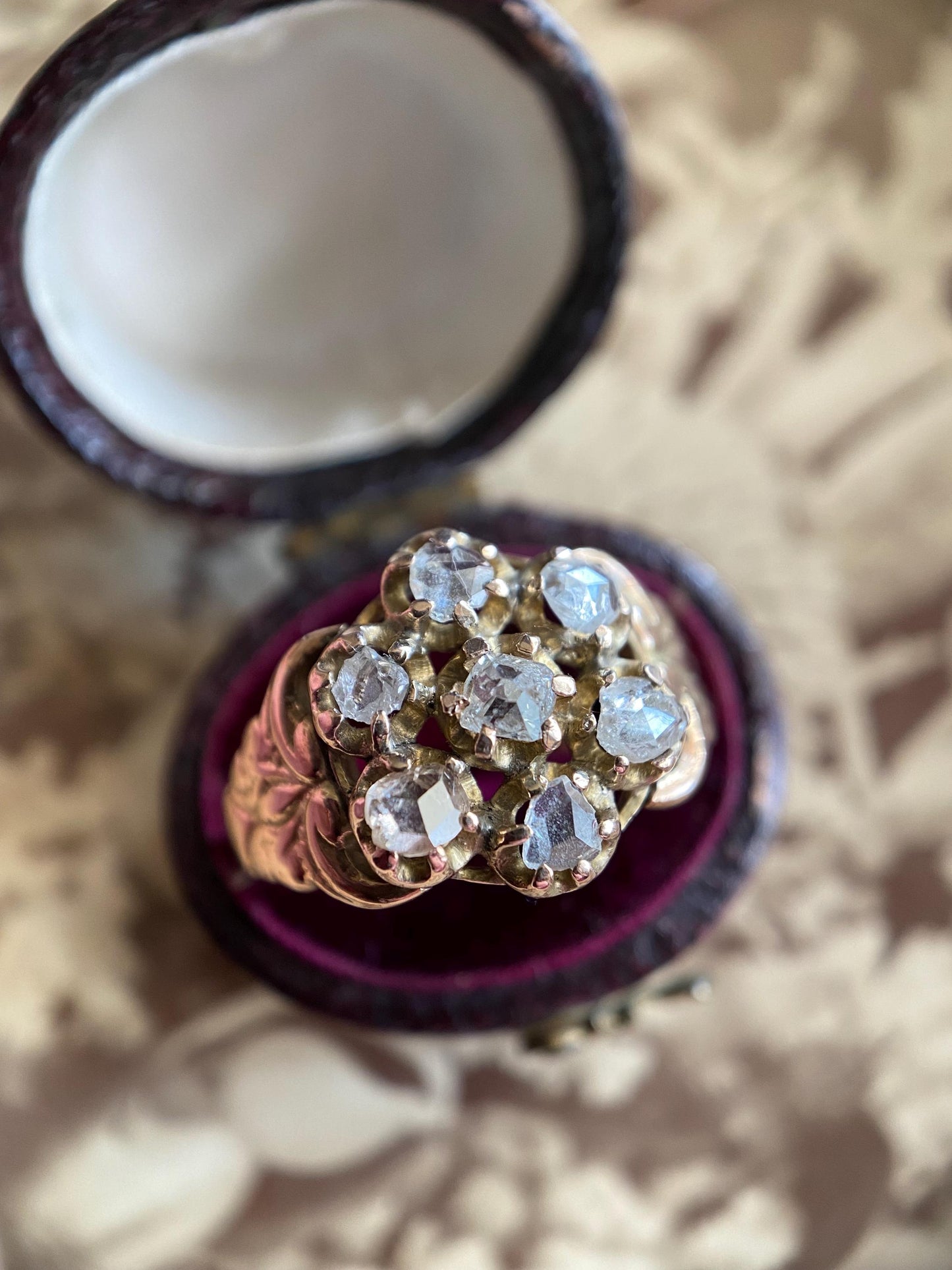 Antique Early Victorian Old Cut Diamond Seven Stone Daisy Ring with Wide Ornate Curling Shoulders 10k Gold c. 1850, Flower, Pansy, Georgian