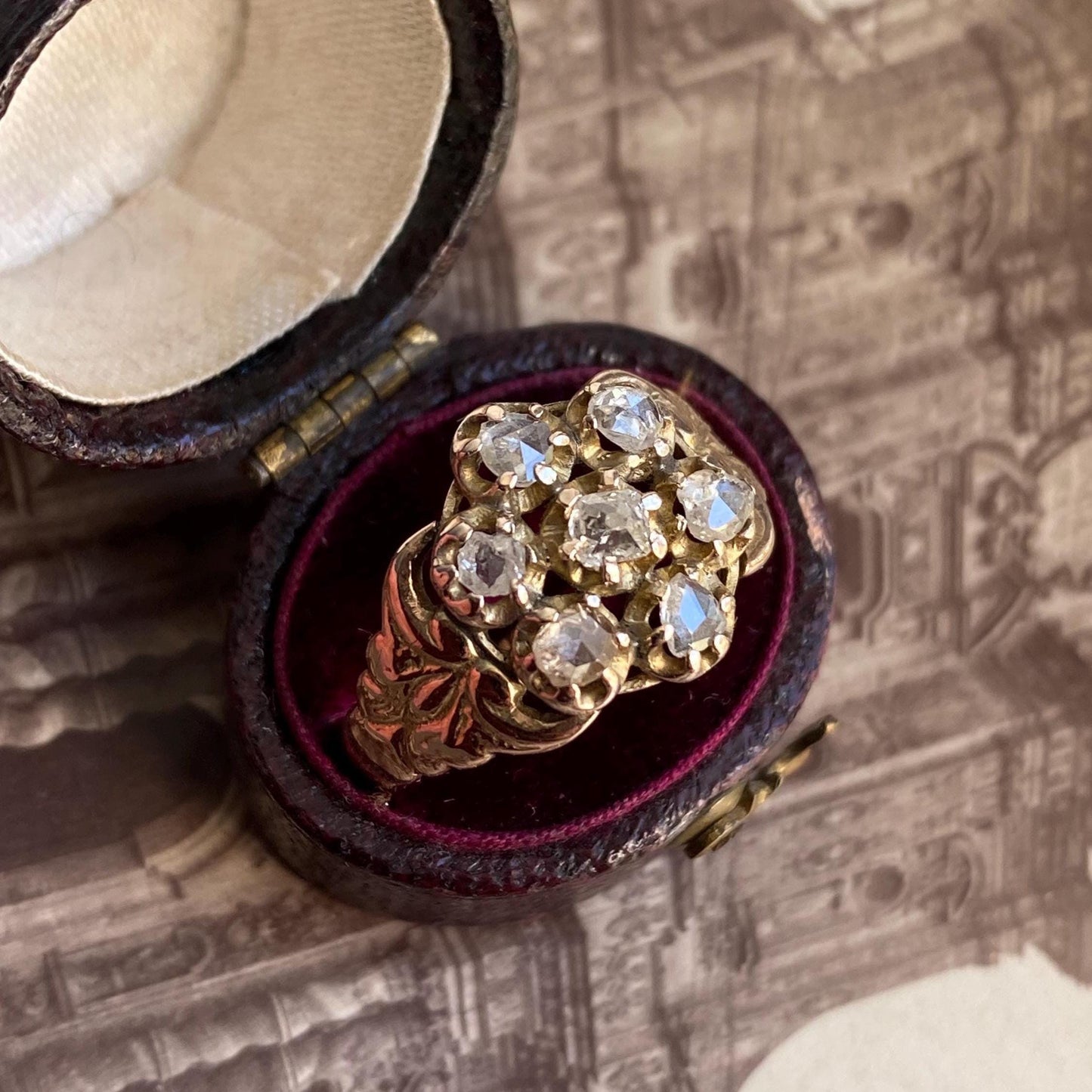 Antique Early Victorian Old Cut Diamond Seven Stone Daisy Ring with Wide Ornate Curling Shoulders 10k Gold c. 1850, Flower, Pansy, Georgian