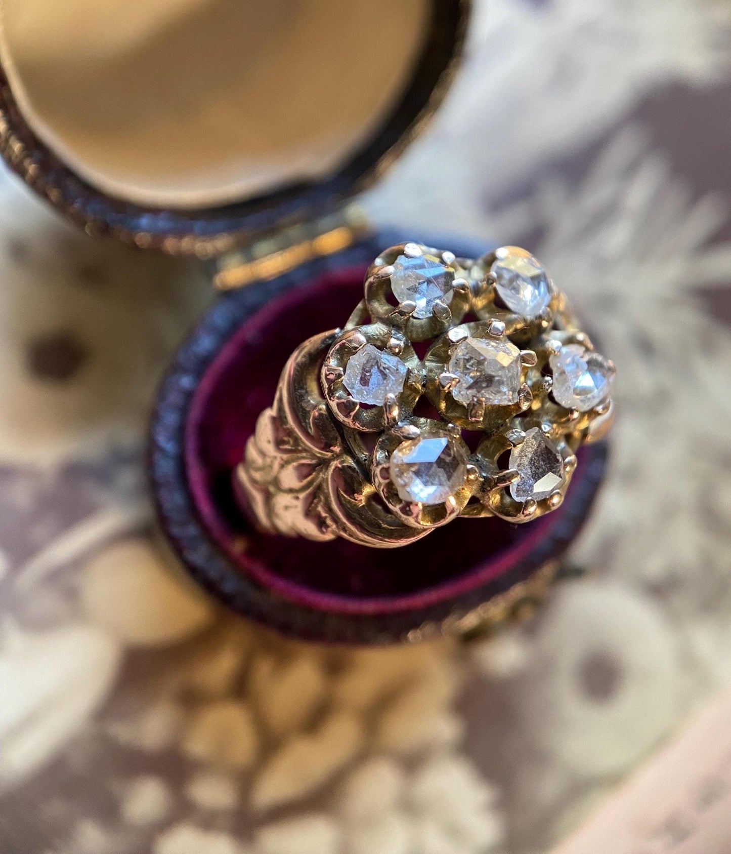 Antique Early Victorian Old Cut Diamond Seven Stone Daisy Ring with Wide Ornate Curling Shoulders 10k Gold c. 1850, Flower, Pansy, Georgian