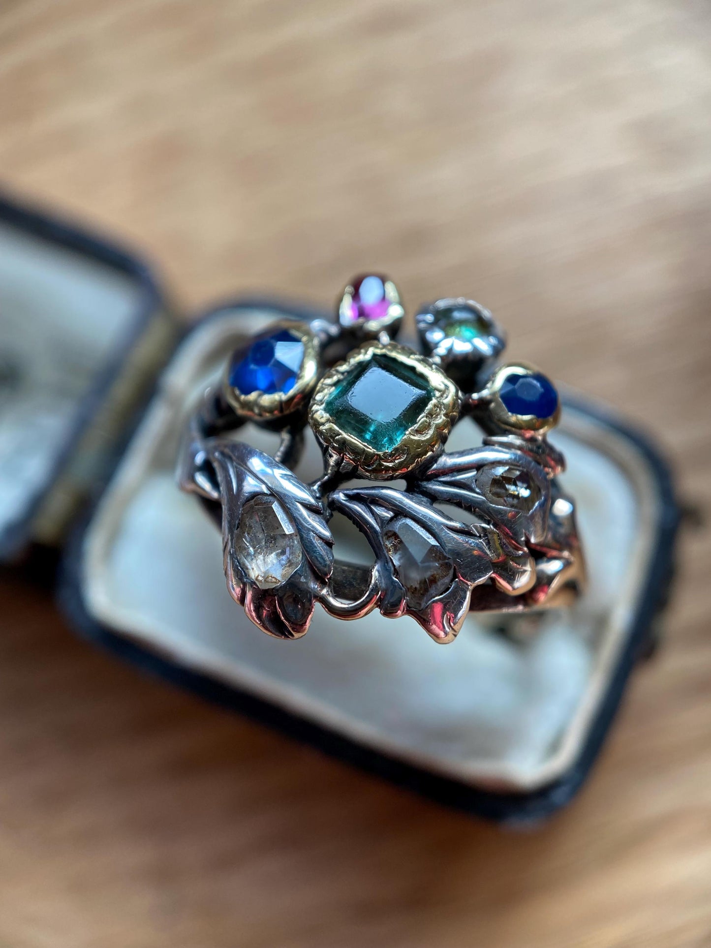 Antique Georgian Multi Gemstone Giardinetti Flower Garden Ring with Emeralds, Sapphires, Spinel and Diamonds in 9k Gold and Silver c. 1760, Italian, 18th Century