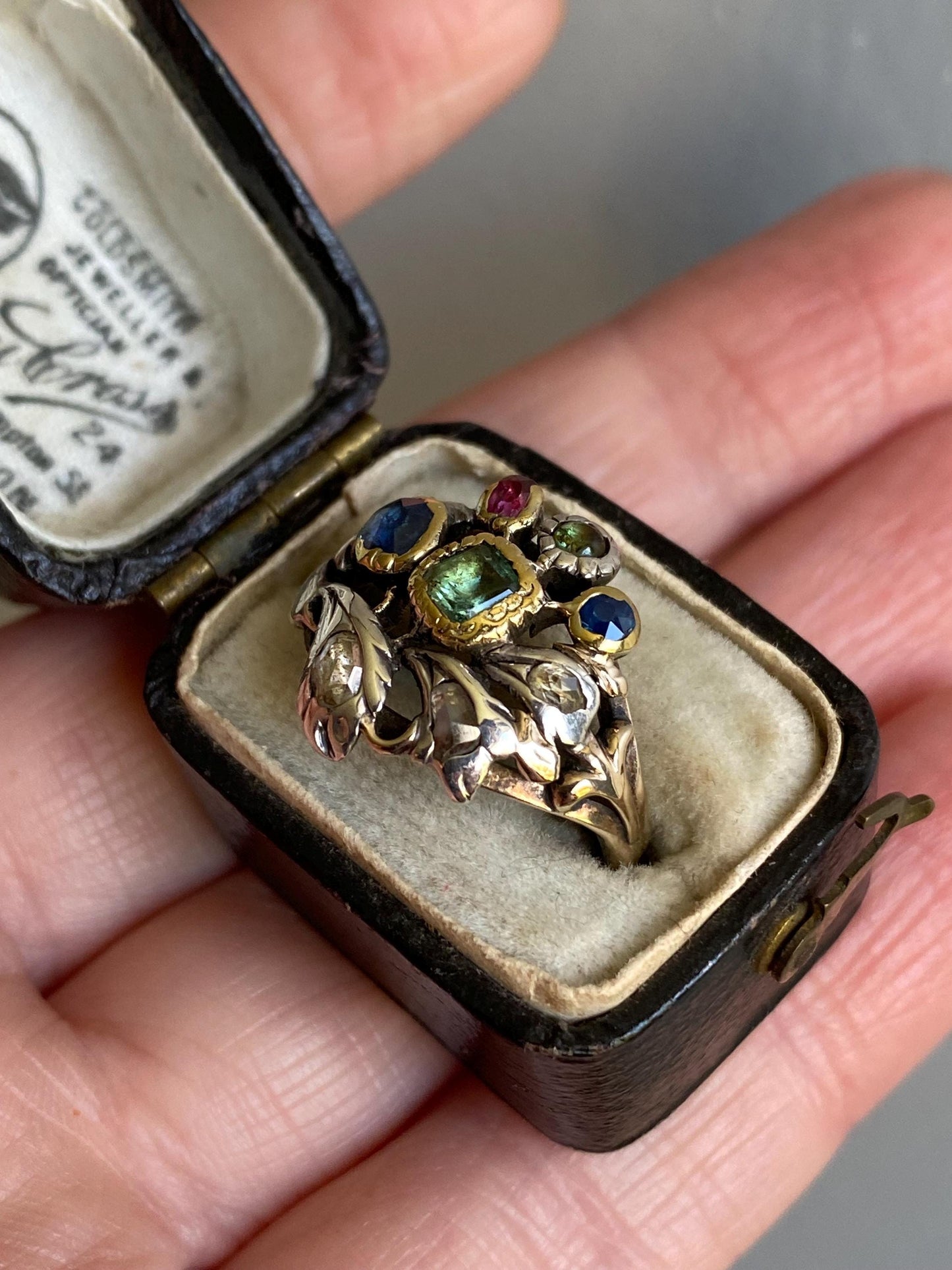 Antique Georgian Multi Gemstone Giardinetti Flower Garden Ring with Emeralds, Sapphires, Spinel and Diamonds in 9k Gold and Silver c. 1760, Italian, 18th Century
