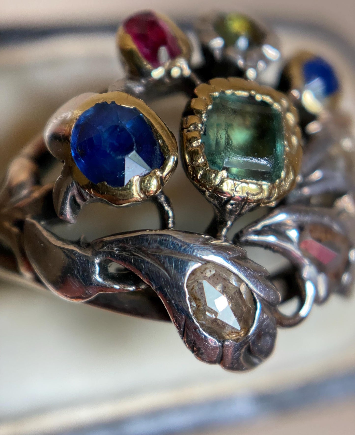 Antique Georgian Multi Gemstone Giardinetti Flower Garden Ring with Emeralds, Sapphires, Spinel and Diamonds in 9k Gold and Silver c. 1760, Italian, 18th Century