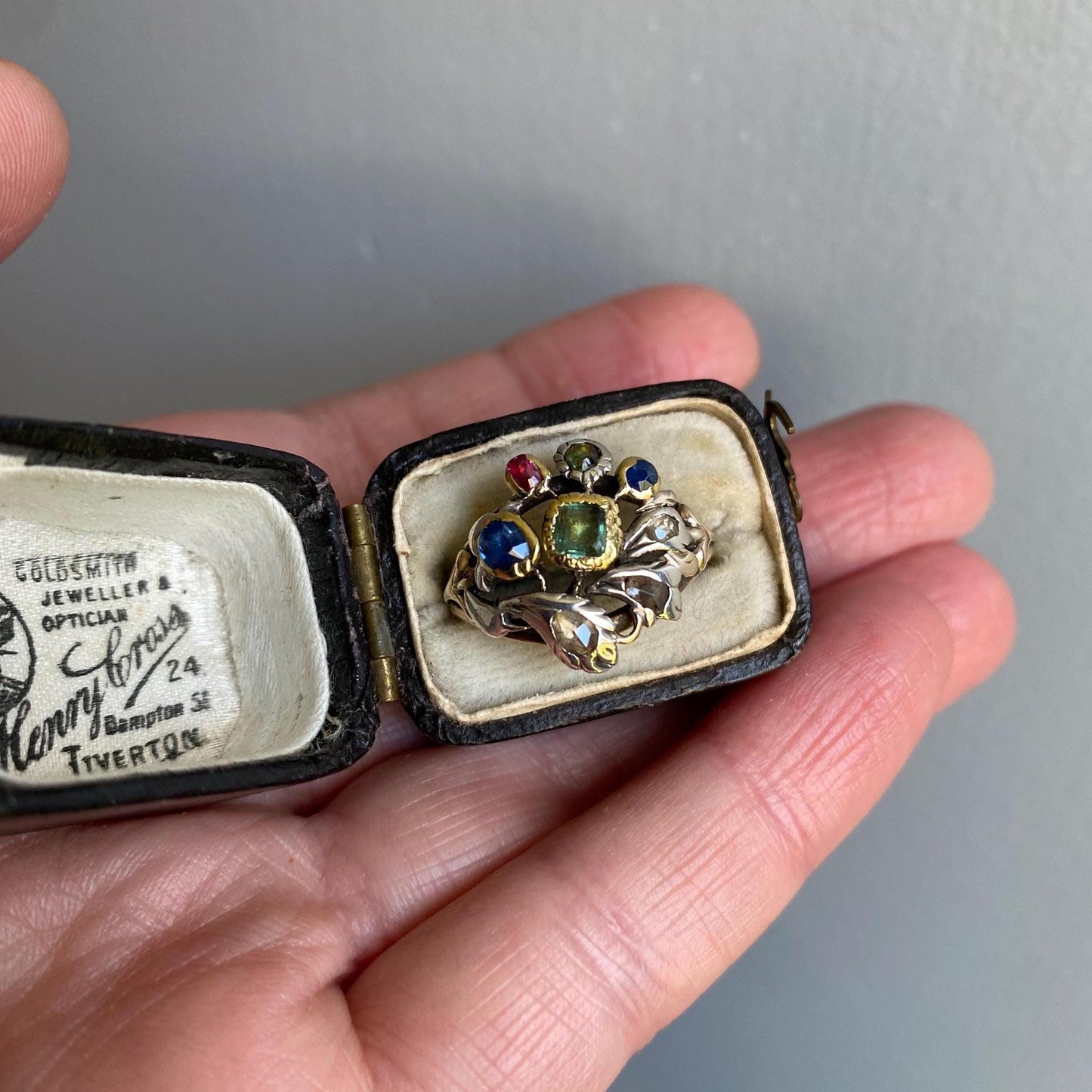 Antique Georgian Multi Gemstone Giardinetti Flower Garden Ring with Emeralds, Sapphires, Spinel and Diamonds in 9k Gold and Silver c. 1760, Italian, 18th Century