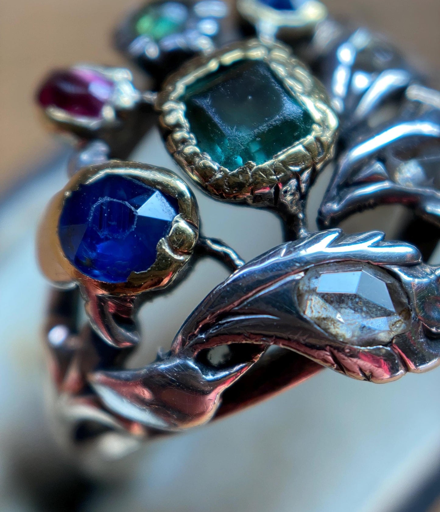 Antique Georgian Multi Gemstone Giardinetti Flower Garden Ring with Emeralds, Sapphires, Spinel and Diamonds in 9k Gold and Silver c. 1760, Italian, 18th Century