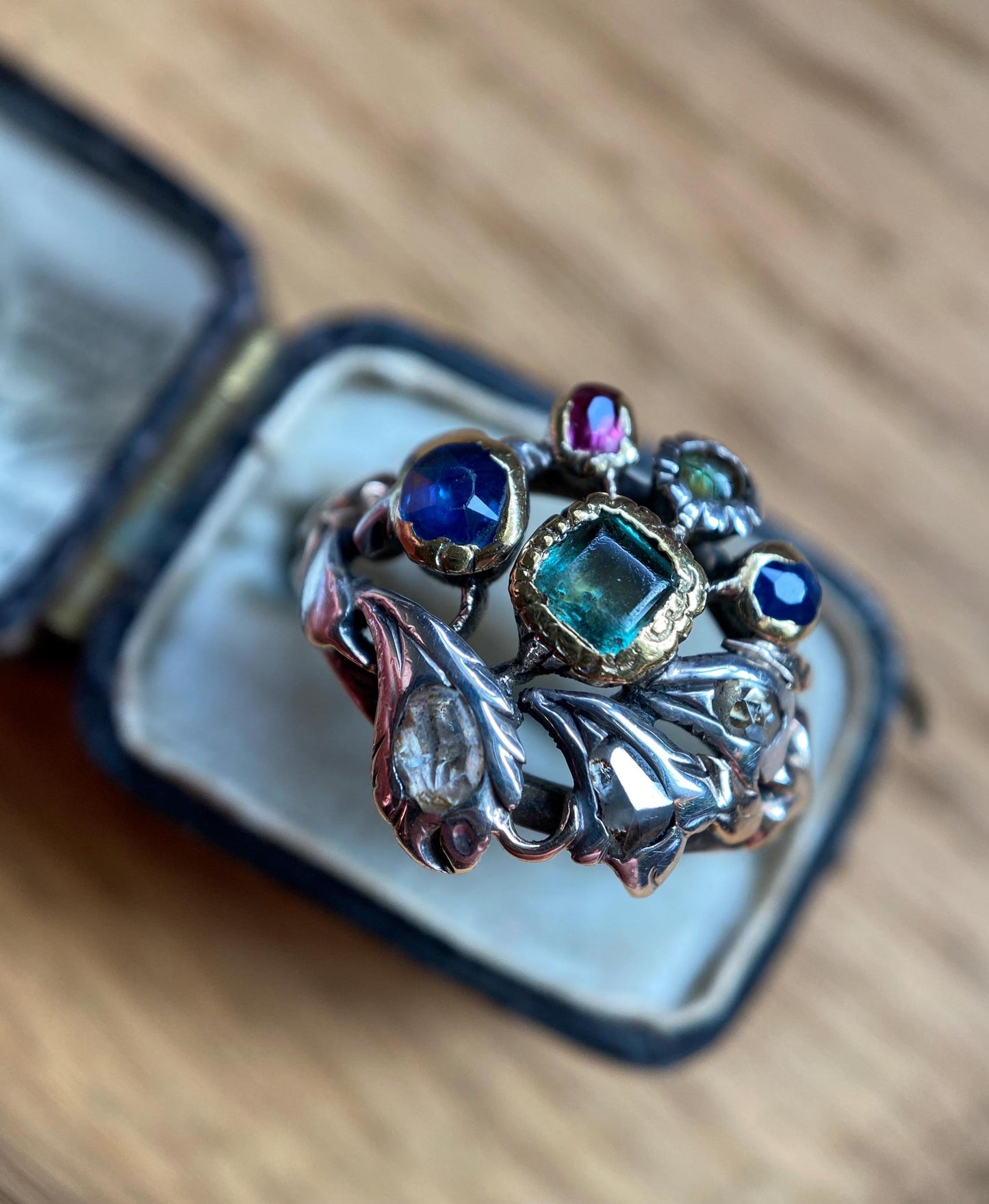 Antique Georgian Multi Gemstone Giardinetti Flower Garden Ring with Emeralds, Sapphires, Spinel and Diamonds in 9k Gold and Silver c. 1760, Italian, 18th Century