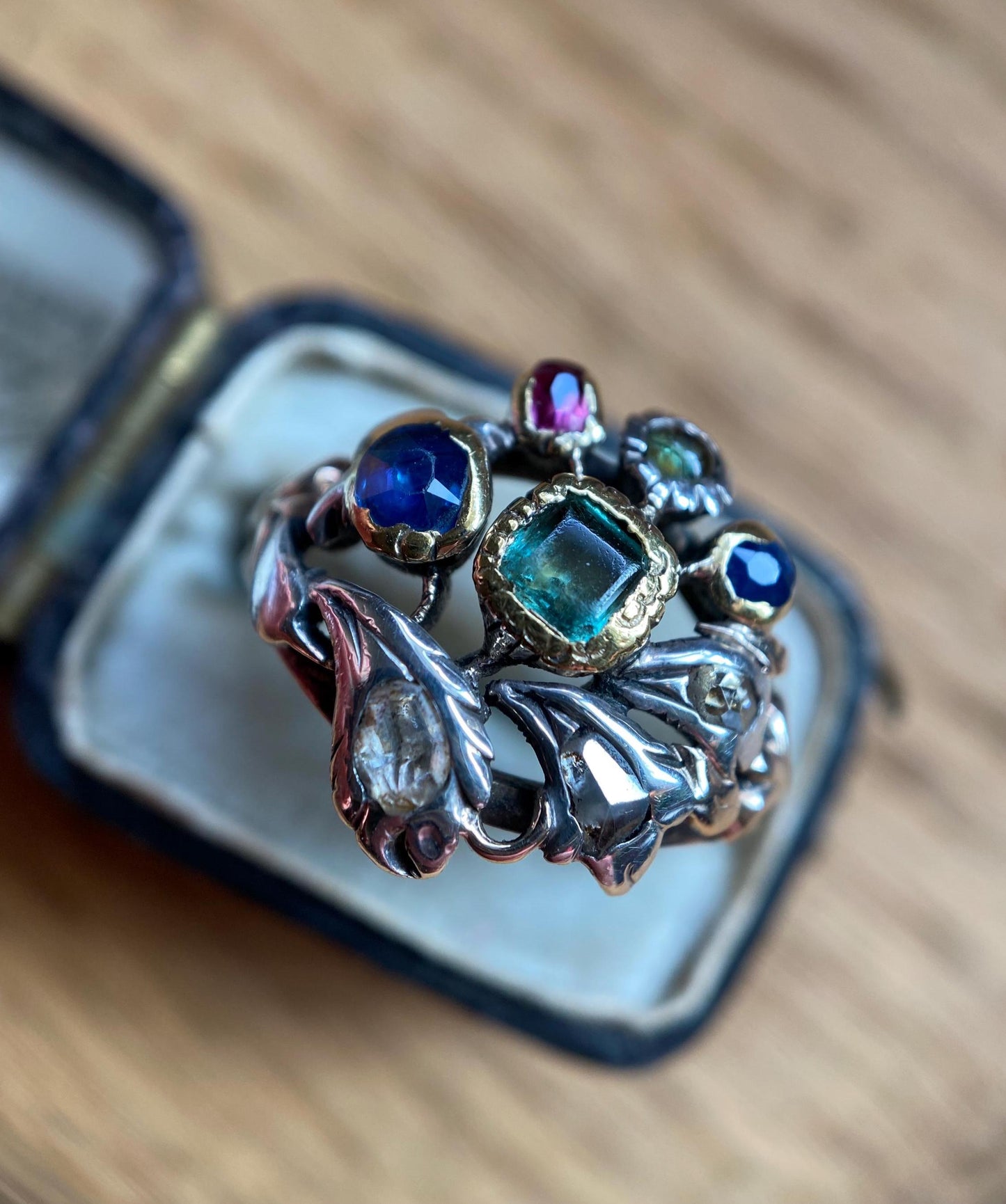 Antique Georgian Multi Gemstone Giardinetti Flower Garden Ring with Emeralds, Sapphires, Spinel and Diamonds in 9k Gold and Silver c. 1760, Italian, 18th Century