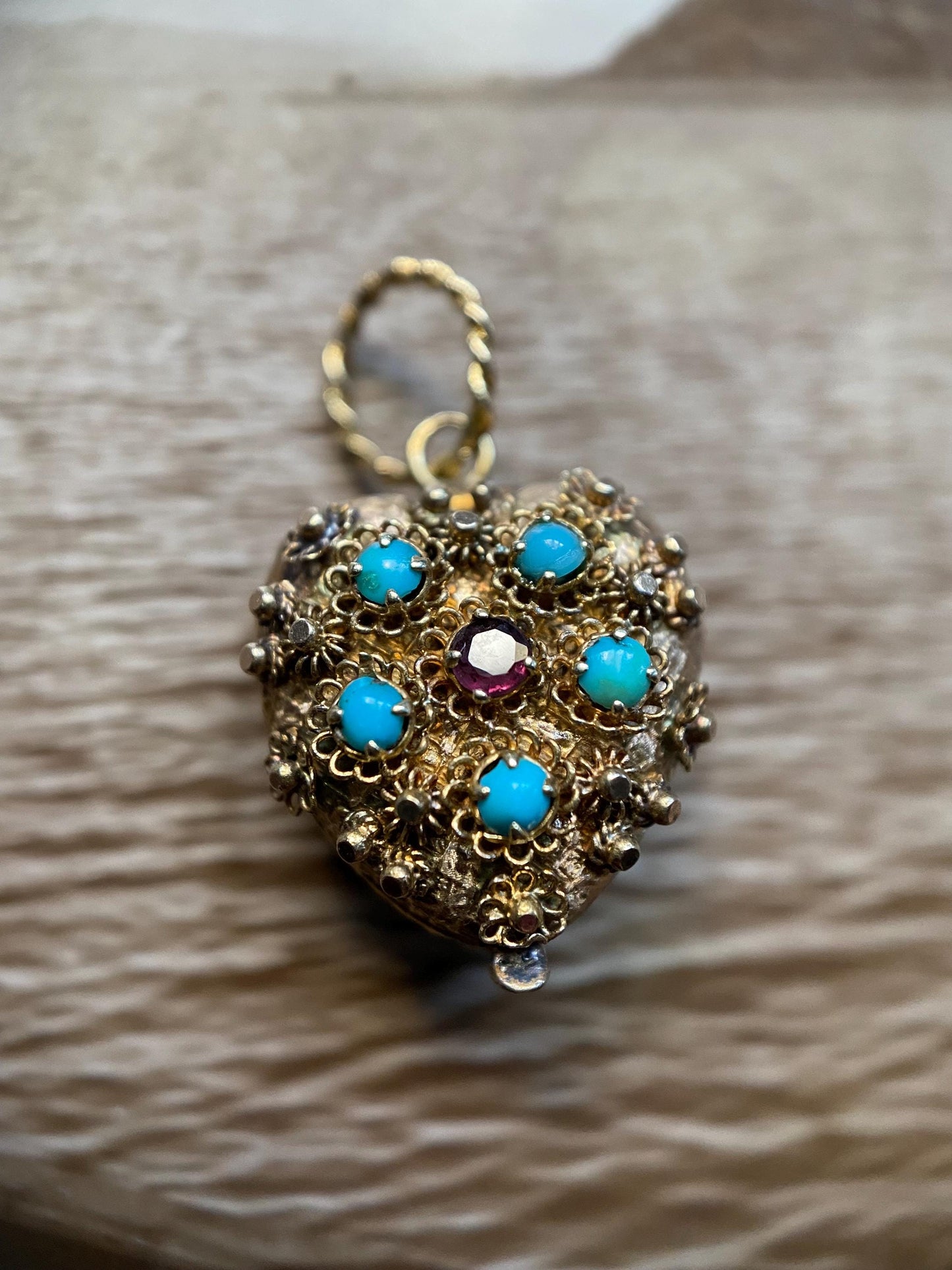 Antique Georgian Double Sided Textured Turquoise & Garnet Cannetille Heart Locket Charm in High Karat Gold, 14k, 1800's, Filigree, Pendant