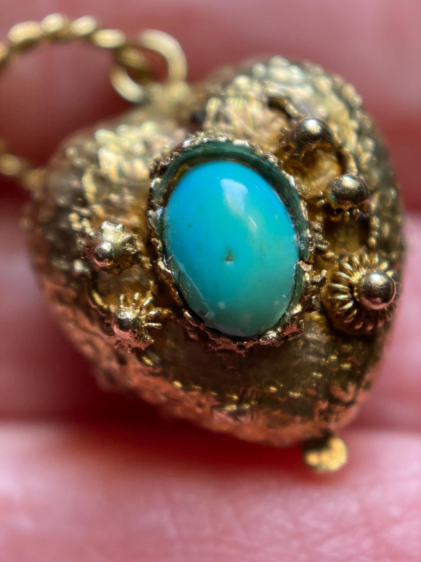 Antique Georgian Double Sided Textured Turquoise & Garnet Cannetille Heart Locket Charm in High Karat Gold, 14k, 1800's, Filigree, Pendant