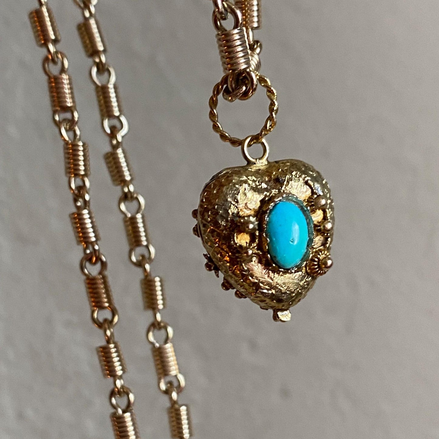 Antique Georgian Double Sided Textured Turquoise & Garnet Cannetille Heart Locket Charm in High Karat Gold, 14k, 1800's, Filigree, Pendant