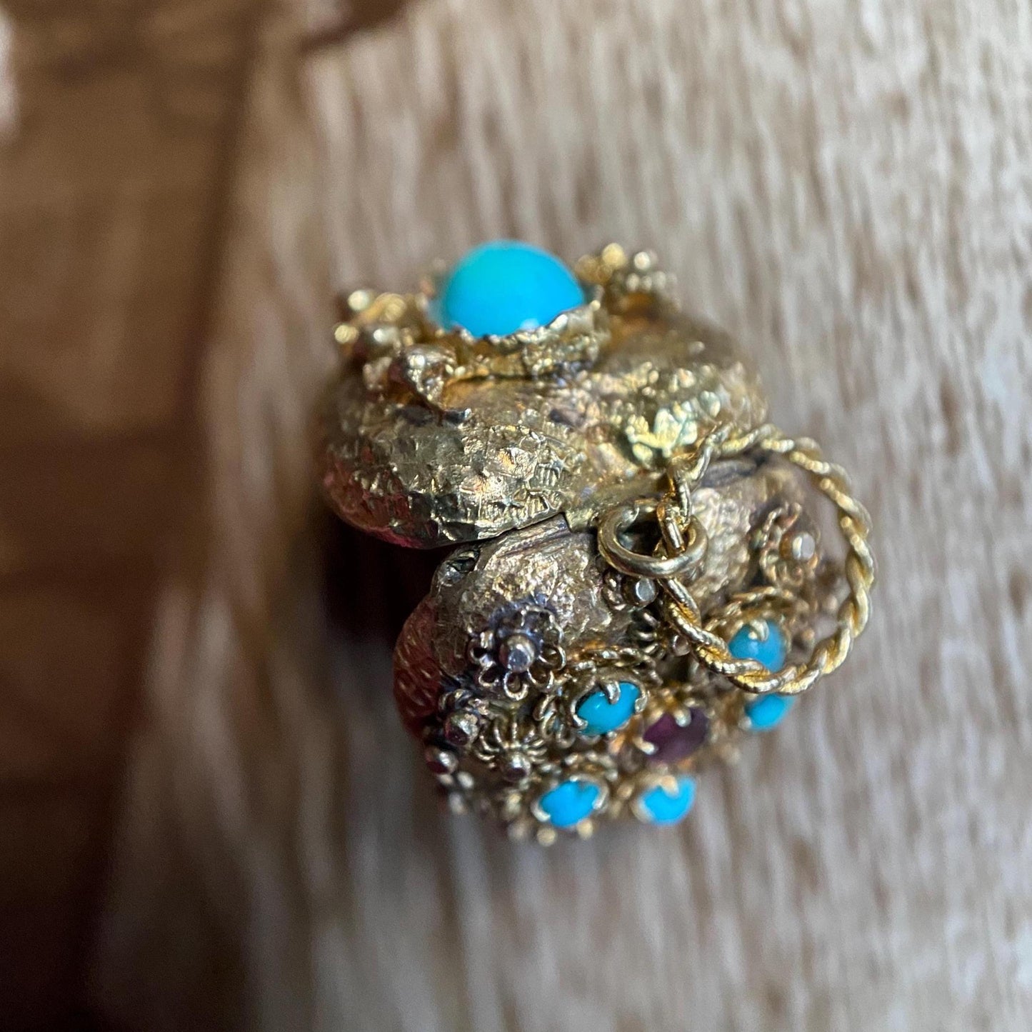 Antique Georgian Double Sided Textured Turquoise & Garnet Cannetille Heart Locket Charm in High Karat Gold, 14k, 1800's, Filigree, Pendant