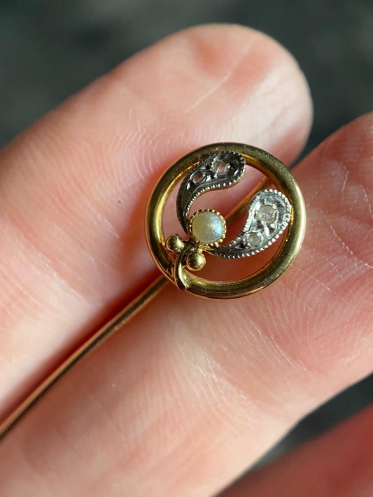 Antique Edwardian Art Nouveau Flowing Openwork Mixed Metals Mistletoe w/ Silver Diamond Leaves & Half Pearl Berry 18k Gold c. 1900, Flowers