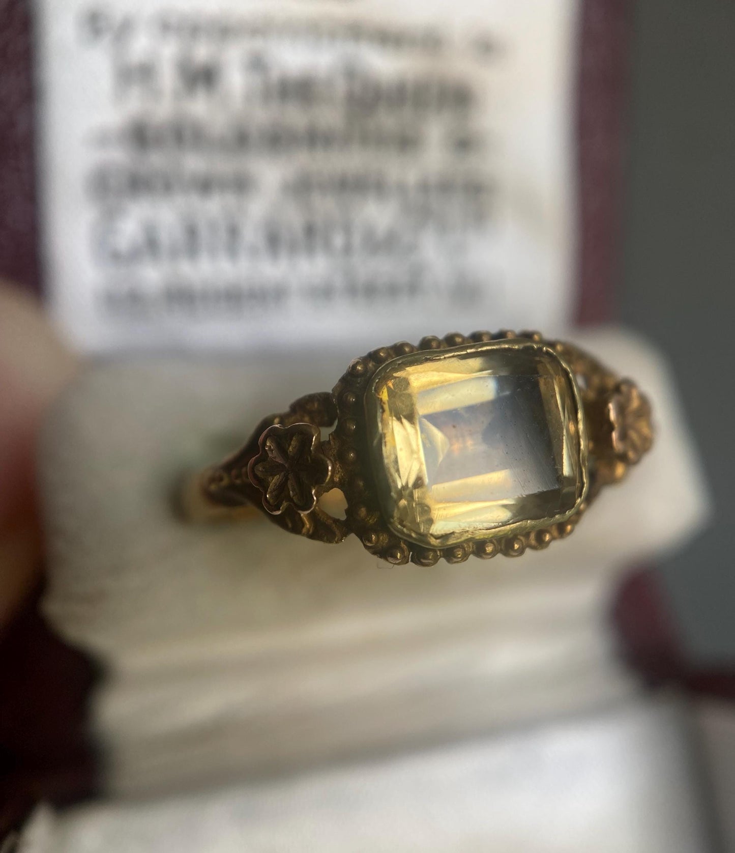 Antique Georgian Foiled Rectangular Yellow Citrine Solitaire Ring w/ Applied Cupped Flower Shoulders in 18k Gold c 1840, Closed Back, Button