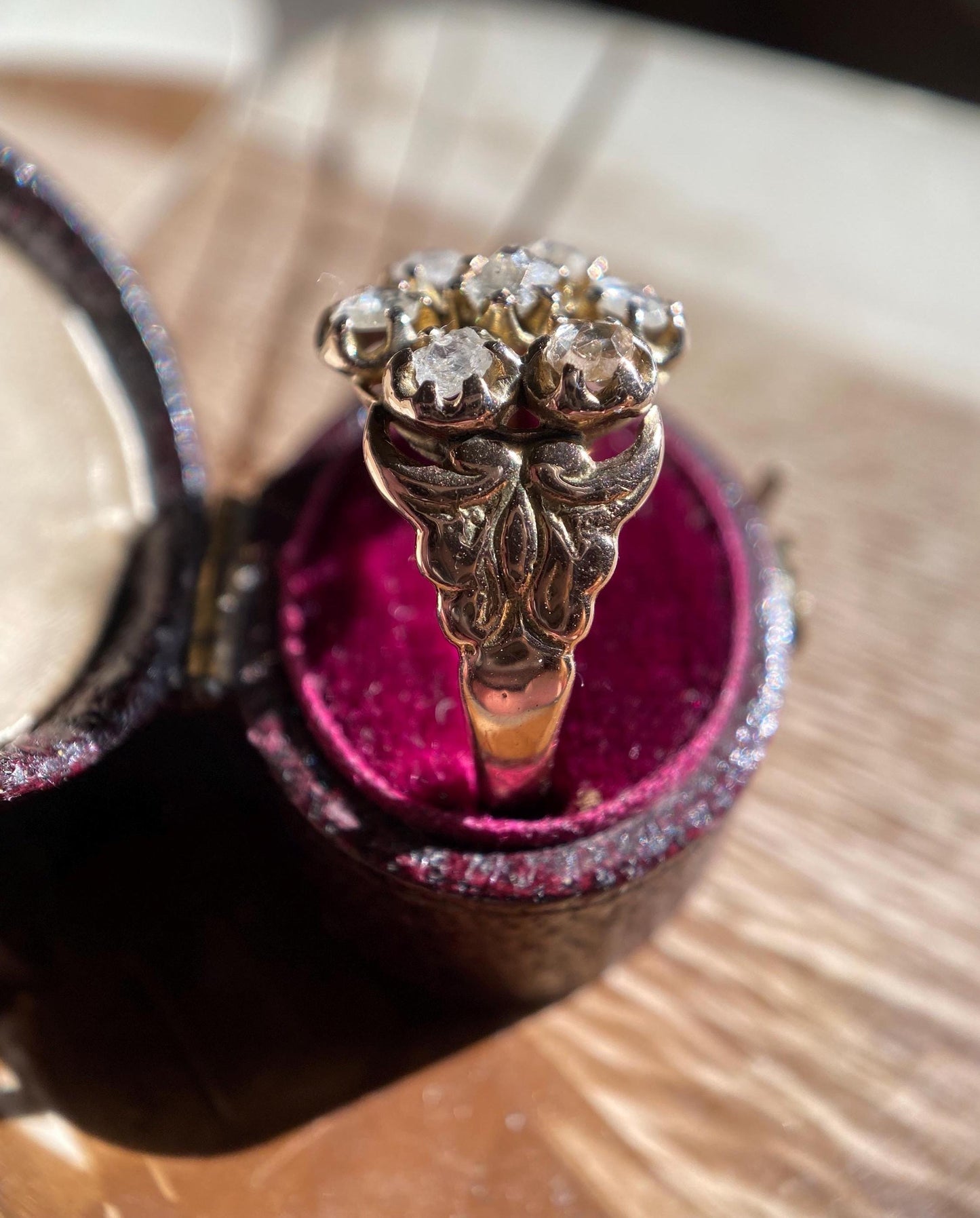 Antique Early Victorian Old Cut Diamond Seven Stone Daisy Ring with Wide Ornate Curling Shoulders 10k Gold c. 1850, Flower, Pansy, Georgian