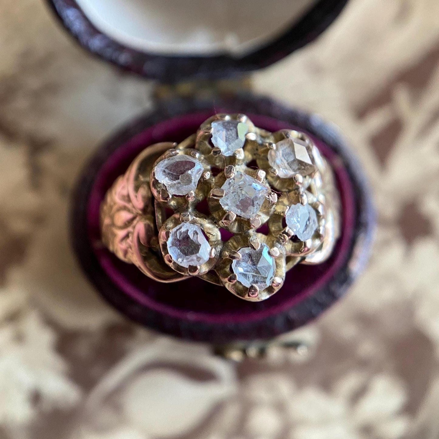Antique Early Victorian Old Cut Diamond Seven Stone Daisy Ring with Wide Ornate Curling Shoulders 10k Gold c. 1850, Flower, Pansy, Georgian