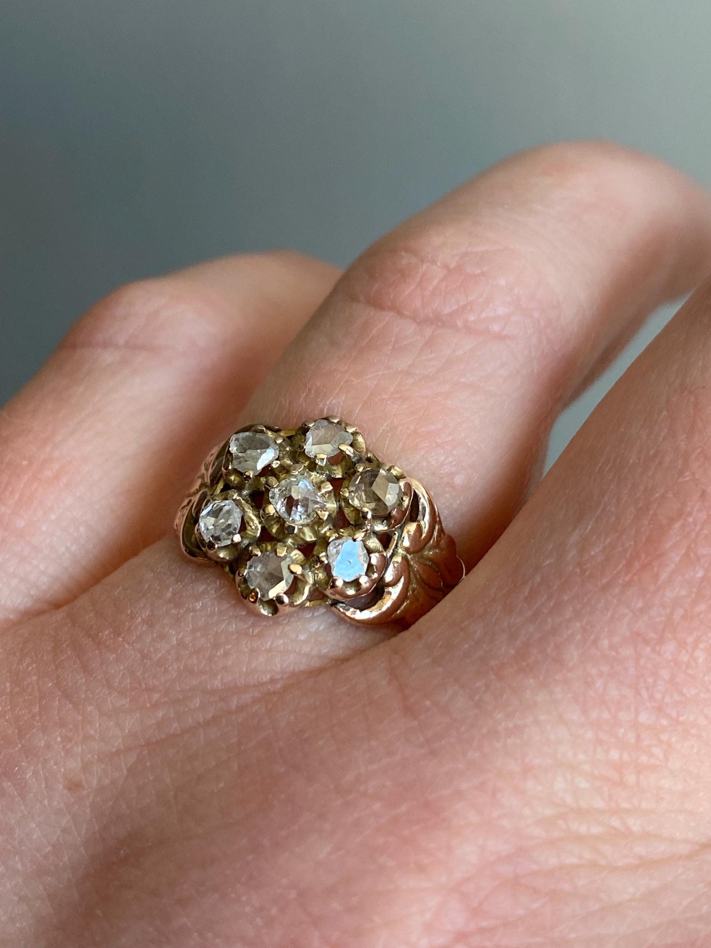 Antique Early Victorian Old Cut Diamond Seven Stone Daisy Ring with Wide Ornate Curling Shoulders 10k Gold c. 1850, Flower, Pansy, Georgian