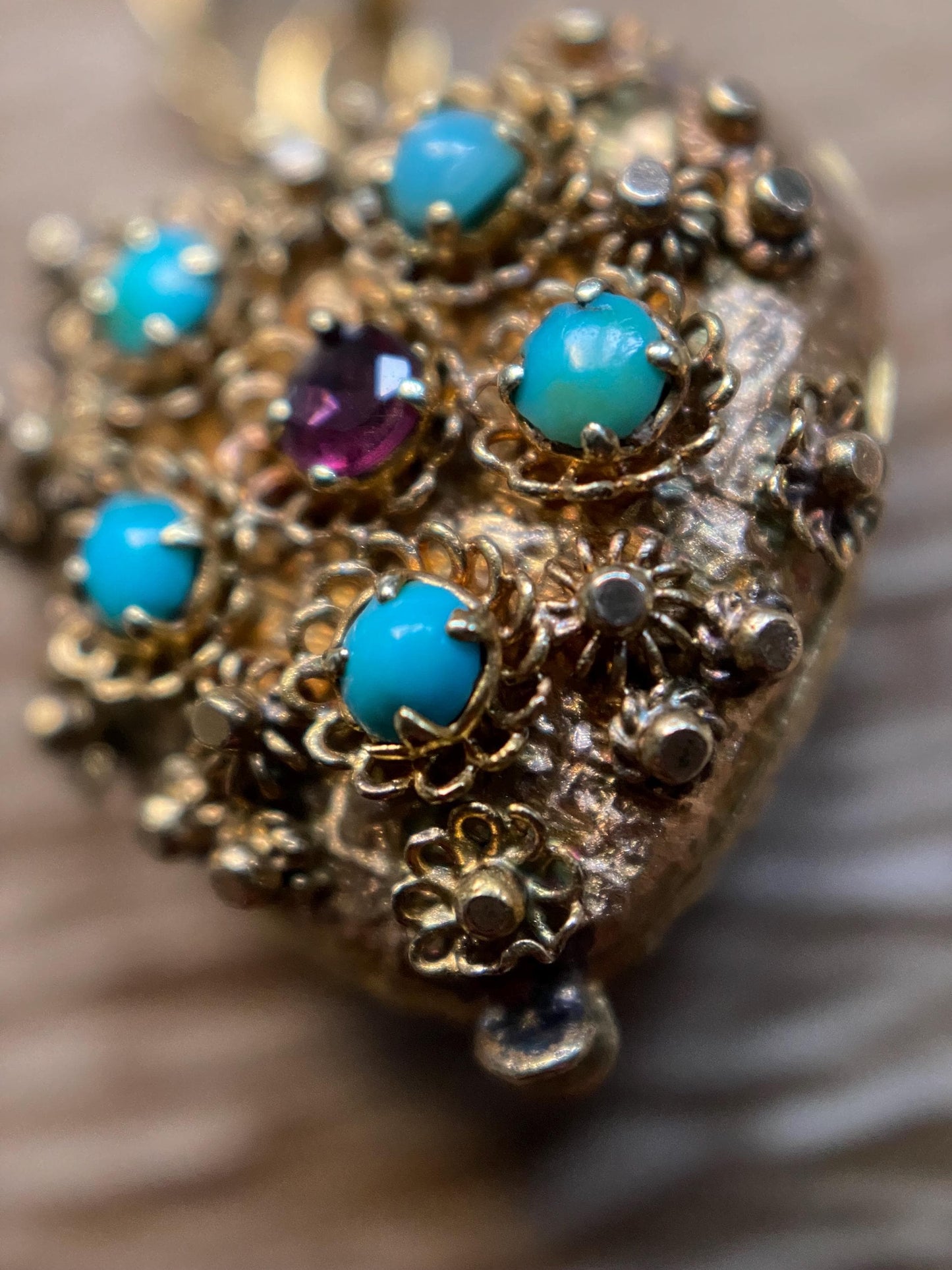 Antique Georgian Double Sided Textured Turquoise & Garnet Cannetille Heart Locket Charm in High Karat Gold, 14k, 1800's, Filigree, Pendant