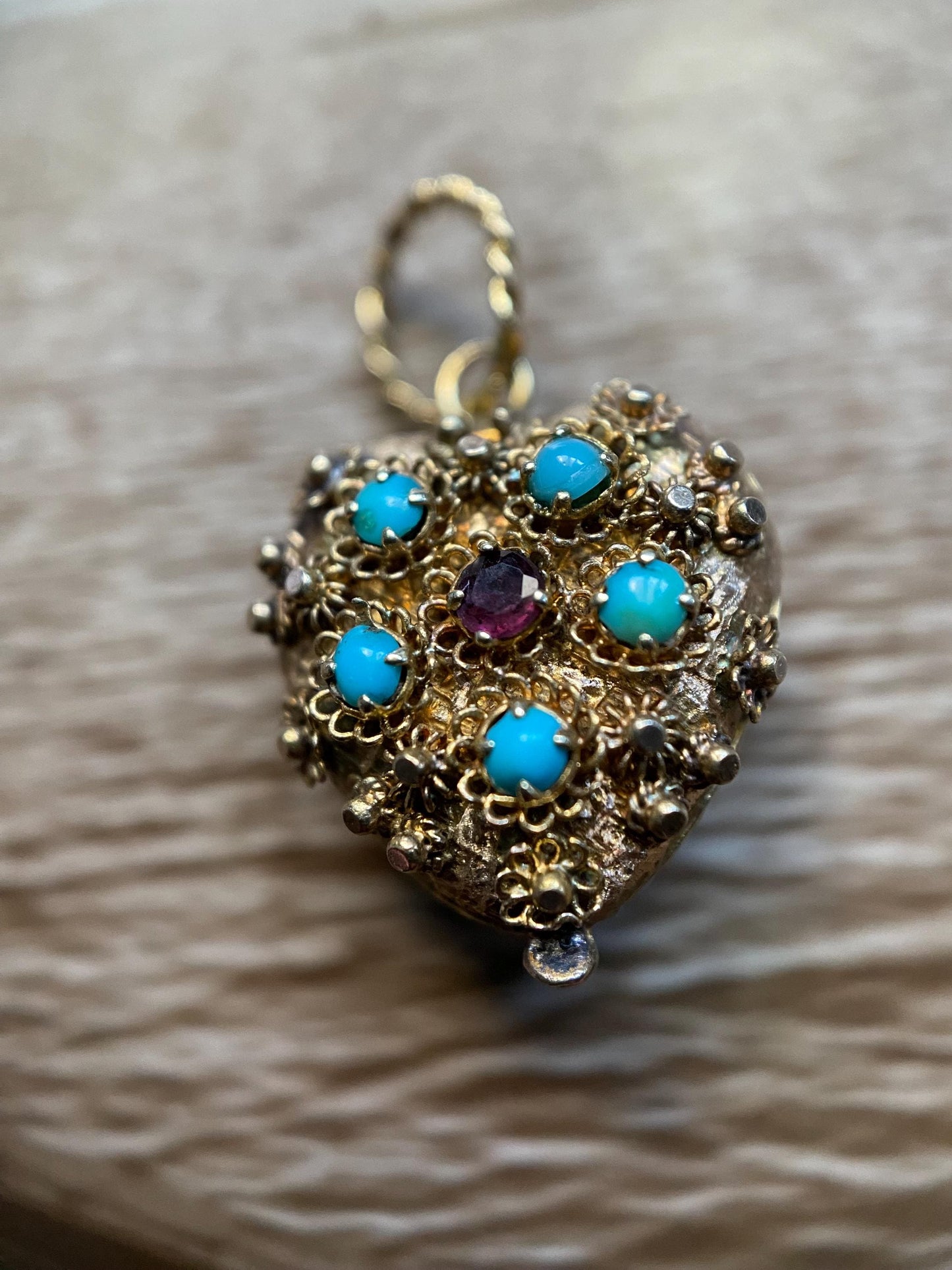 Antique Georgian Double Sided Textured Turquoise & Garnet Cannetille Heart Locket Charm in High Karat Gold, 14k, 1800's, Filigree, Pendant