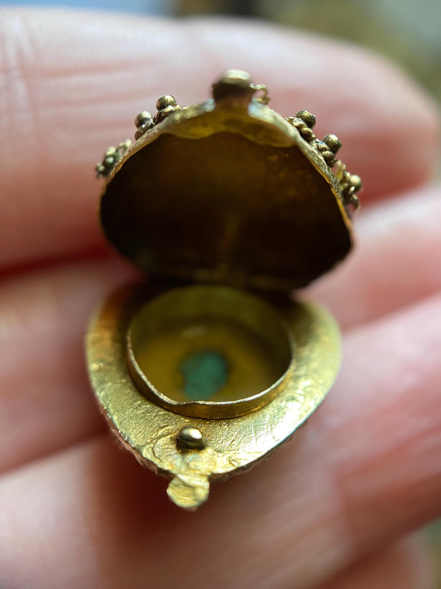 Antique Georgian Double Sided Textured Turquoise & Garnet Cannetille Heart Locket Charm in High Karat Gold, 14k, 1800's, Filigree, Pendant