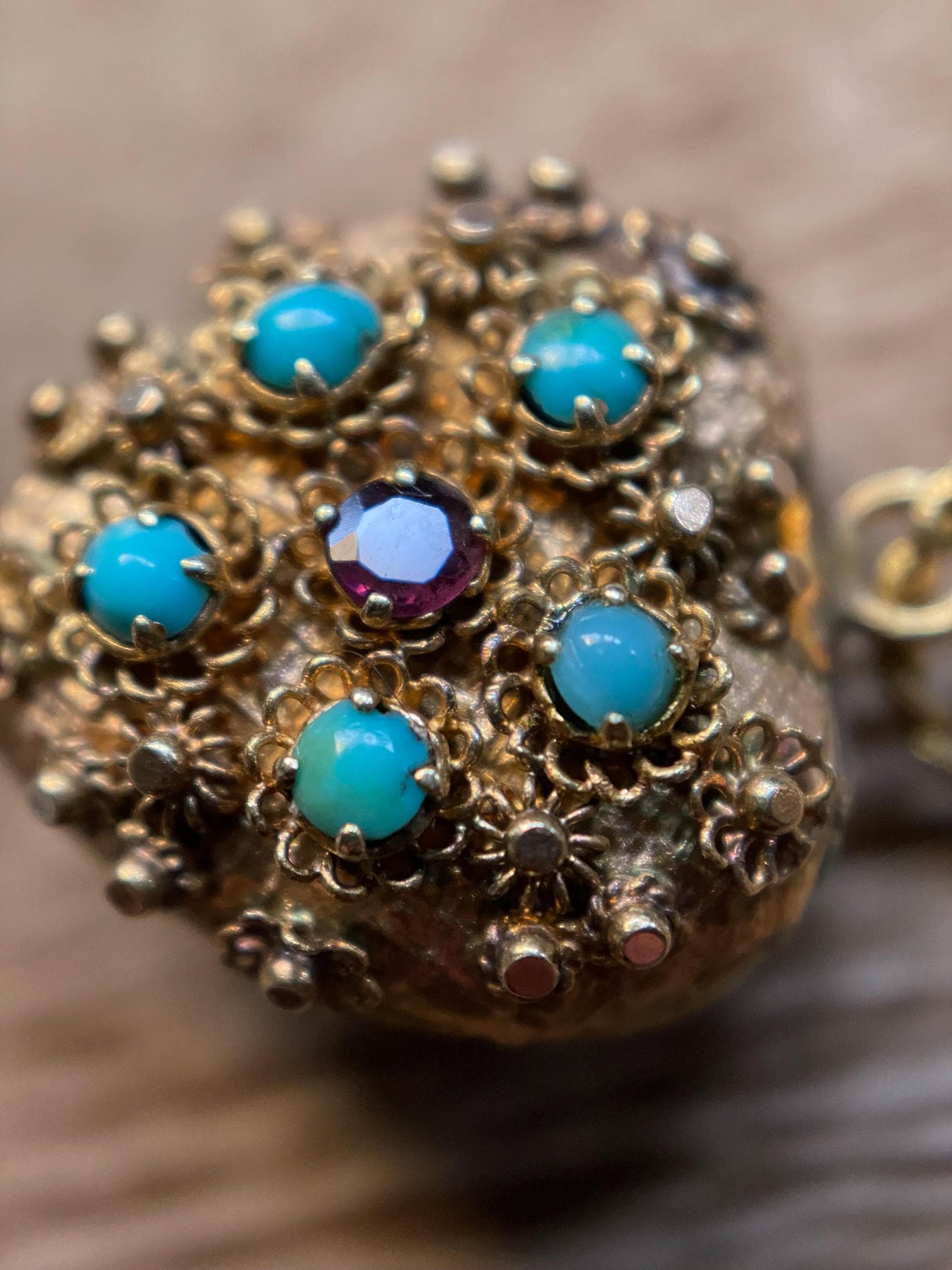 Antique Georgian Double Sided Textured Turquoise & Garnet Cannetille Heart Locket Charm in High Karat Gold, 14k, 1800's, Filigree, Pendant